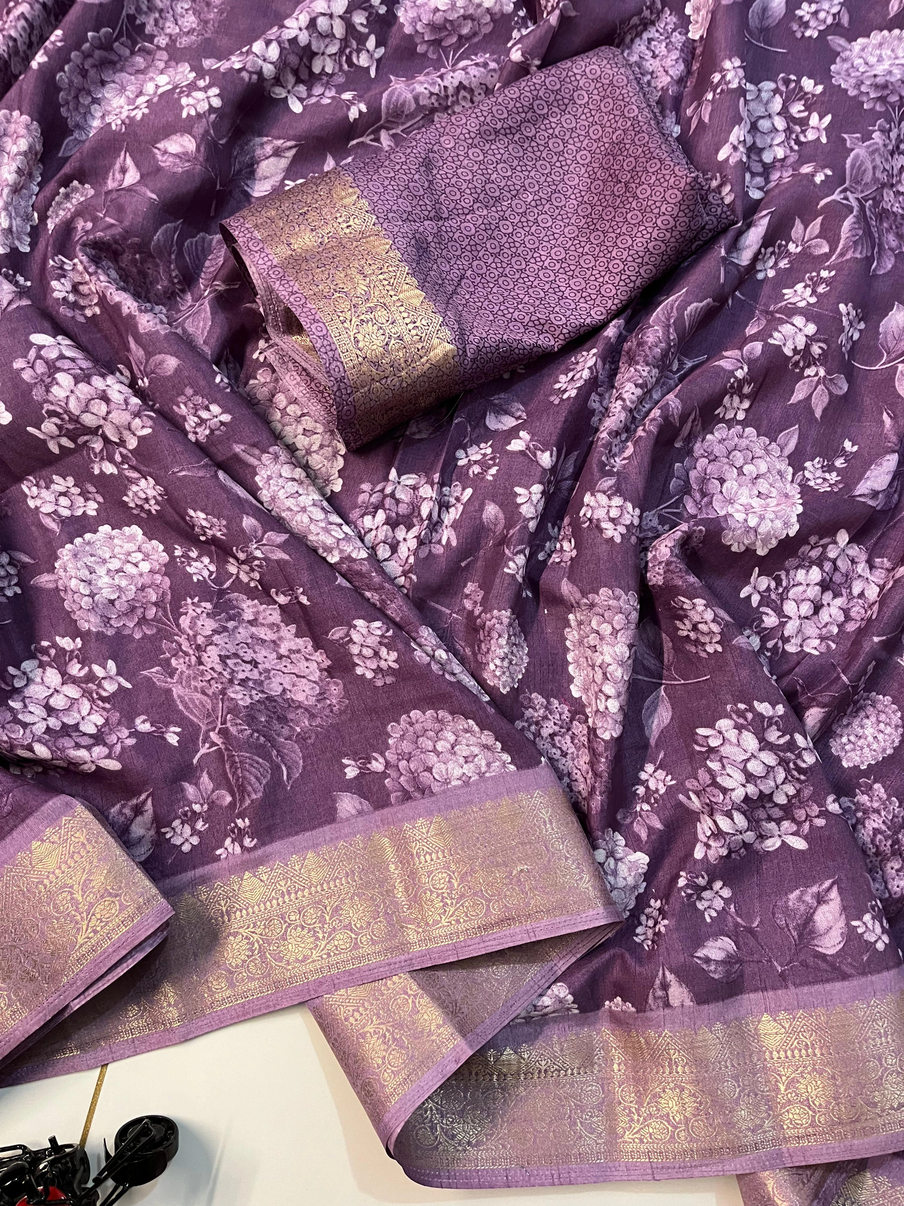 Beautiful Dola Silk Sarees: Exquisite Floral Design with Contrast Weaving Border-Lavender-1