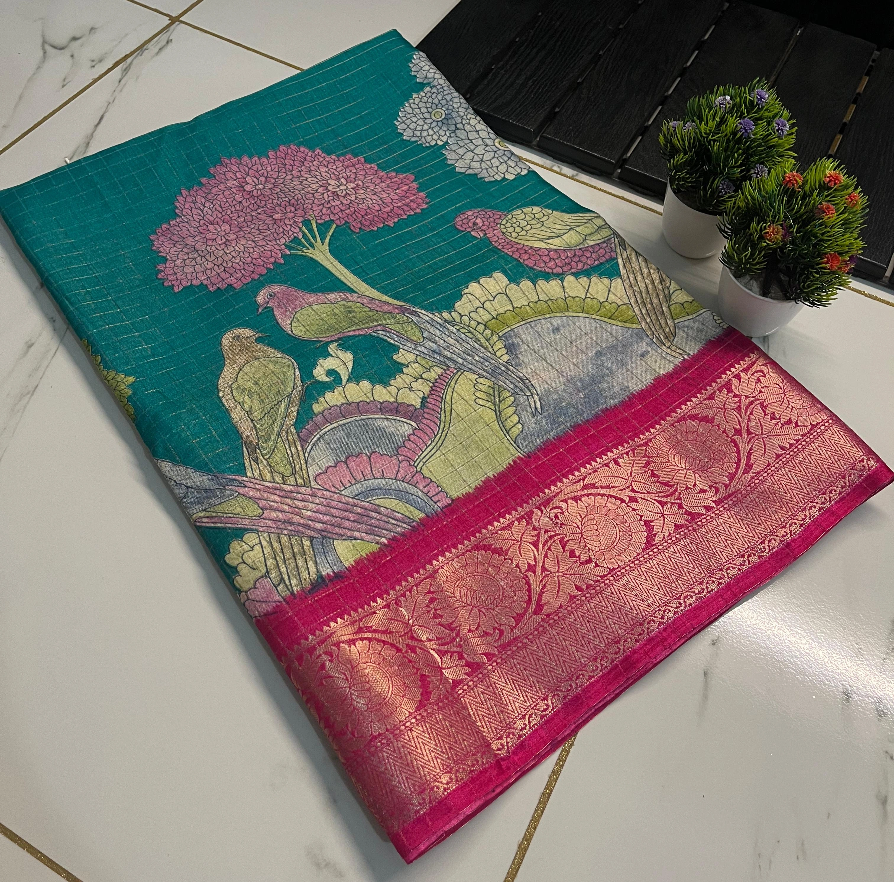 Antique-inspired Dola Silk Saree with 9&quot; Jacquard Border-RWC-39-Green