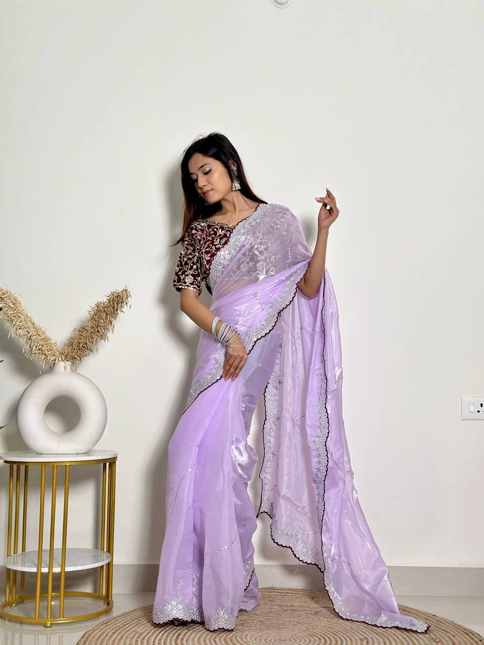 Soft Jimmy Chuu Saree: Exquisite Embroidery, Sequins, and Jari Border-APE-YASMINE-Lavender