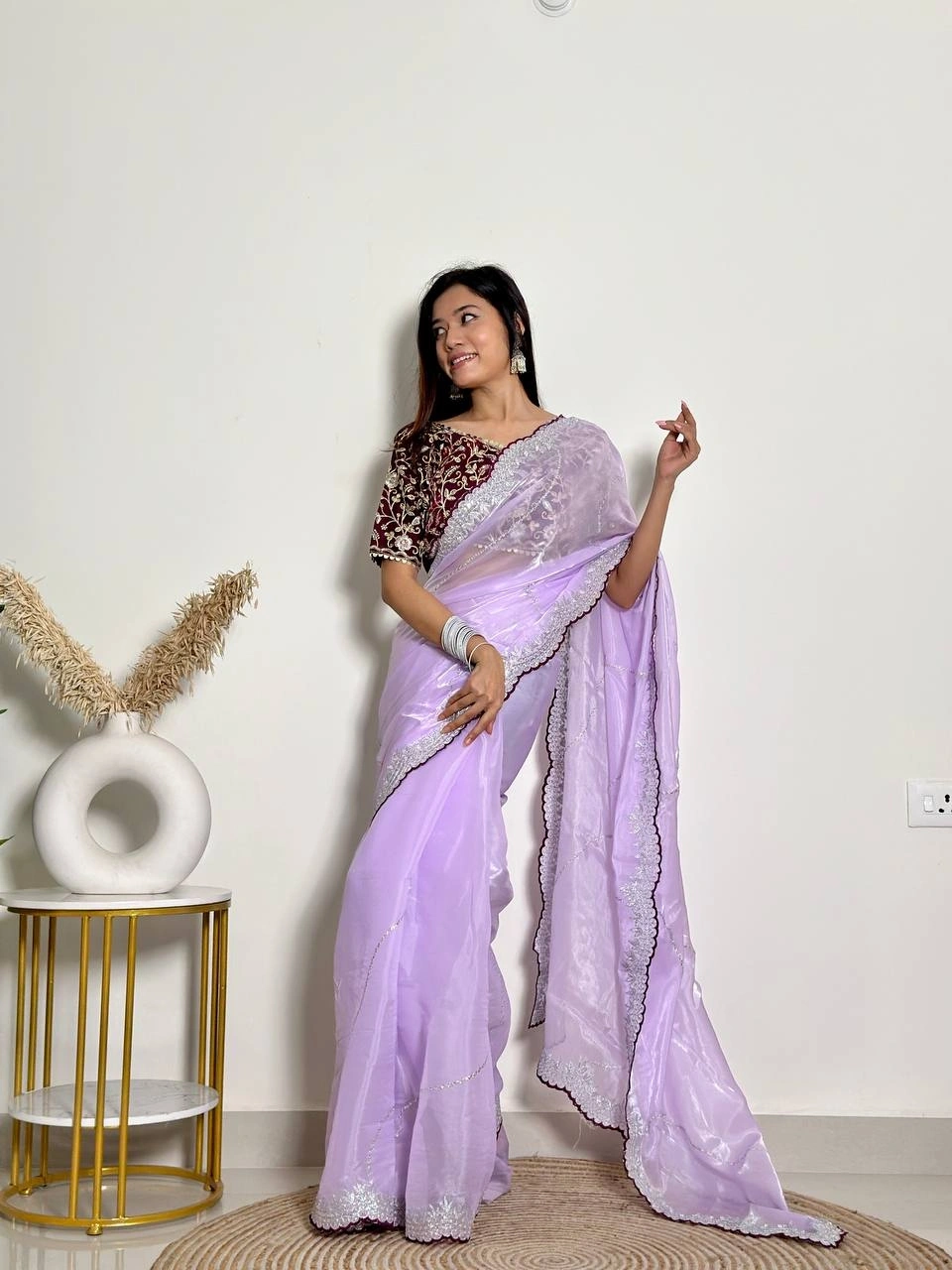 Soft Jimmy Chuu Saree: Exquisite Embroidery, Sequins, and Jari Border-Lavender-1