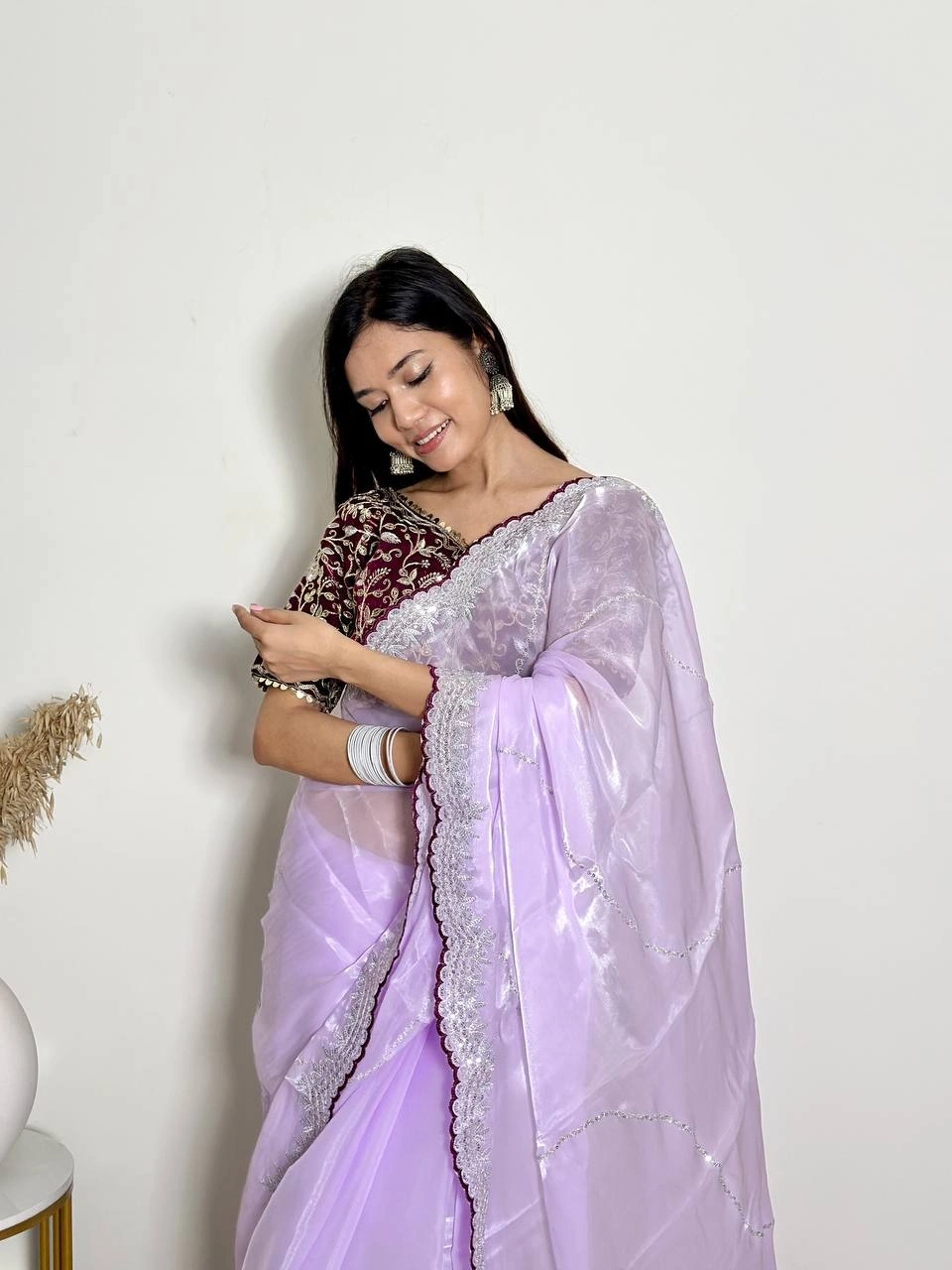 Soft Jimmy Chuu Saree: Exquisite Embroidery, Sequins, and Jari Border-Lavender-3