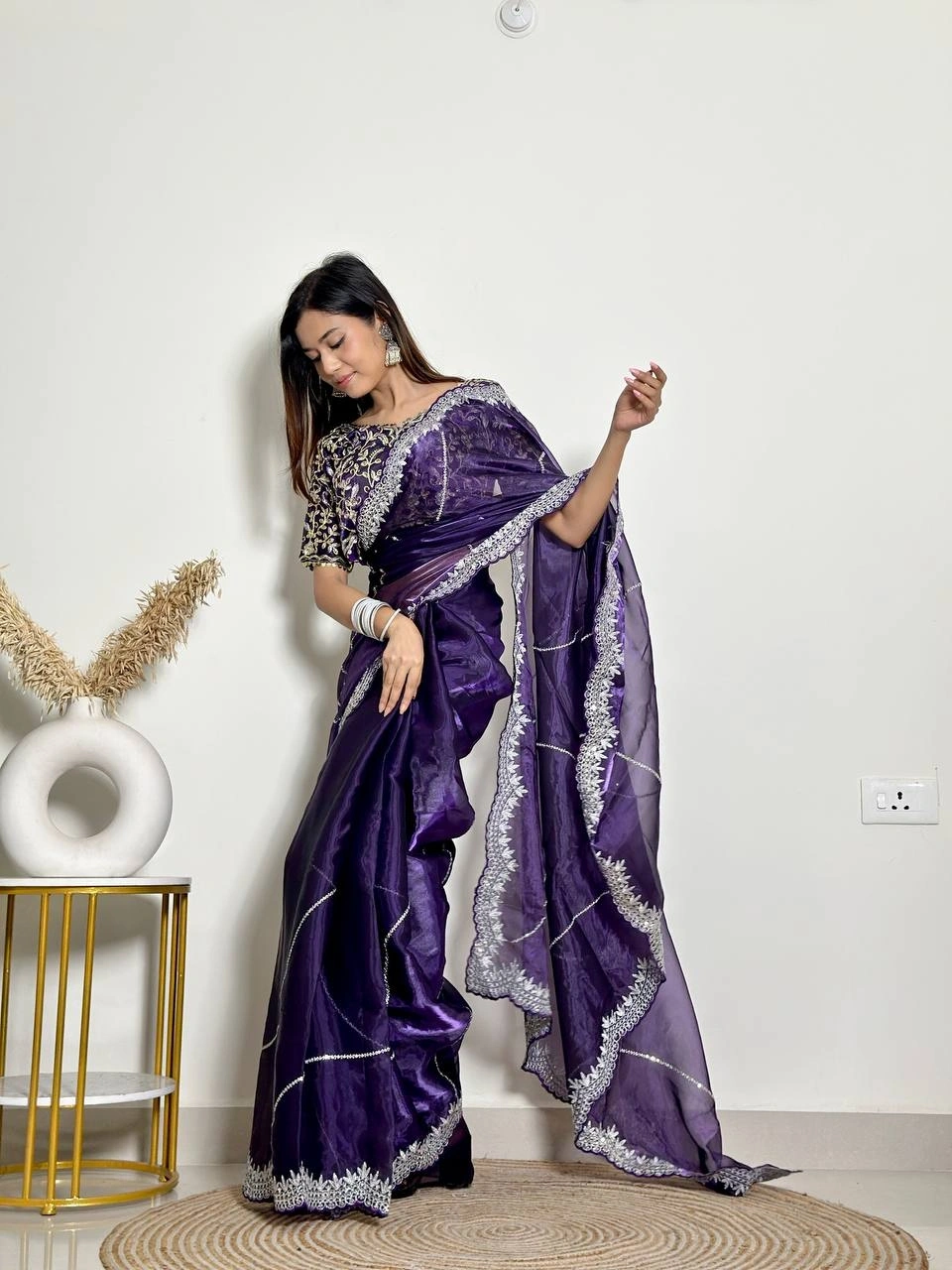 Soft Jimmy Chuu Saree: Exquisite Embroidery, Sequins, and Jari Border-Blue-1