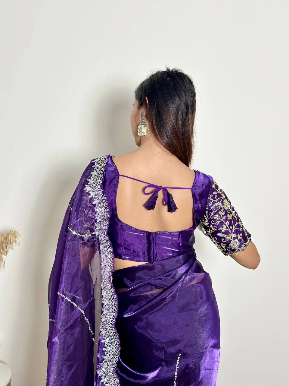 Soft Jimmy Chuu Saree: Exquisite Embroidery, Sequins, and Jari Border-Blue-3