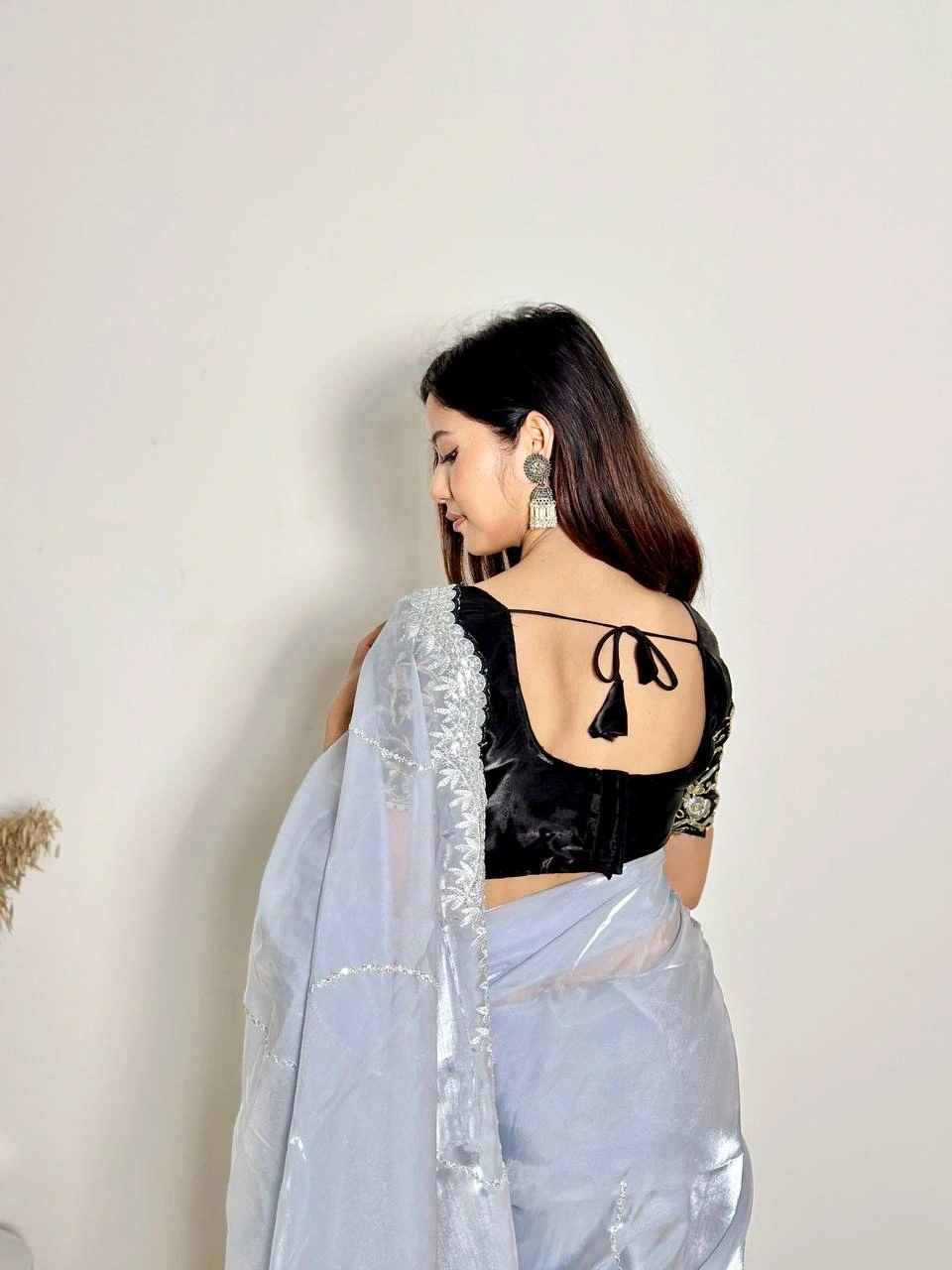 Soft Jimmy Chuu Saree: Exquisite Embroidery, Sequins, and Jari Border-Grey-2