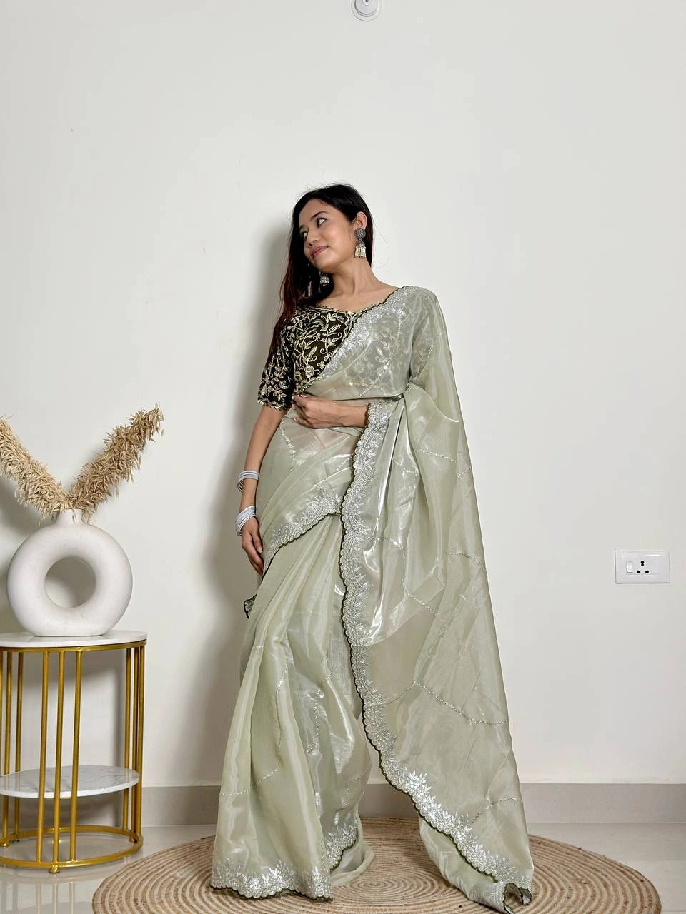 Soft Jimmy Chuu Saree: Exquisite Embroidery, Sequins, and Jari Border-APE-YASMINE-Pista