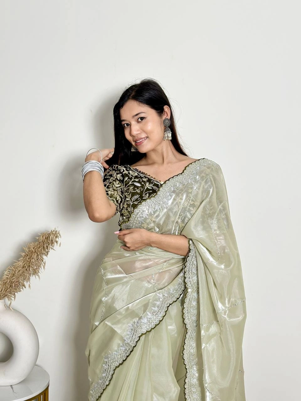 Soft Jimmy Chuu Saree: Exquisite Embroidery, Sequins, and Jari Border-Pista-1