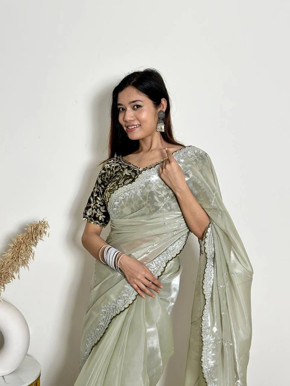 Soft Jimmy Chuu Saree: Exquisite Embroidery, Sequins, and Jari Border-Pista-2