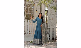 Sequin Embroidered Georgette Gown with Full Sleeves and V-Neck