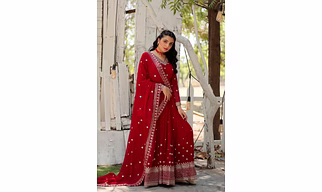 Faux Blooming Gown: Sequins Embroidered, V-Neck, Full Sleeves, 2.3 MTR Dupatta