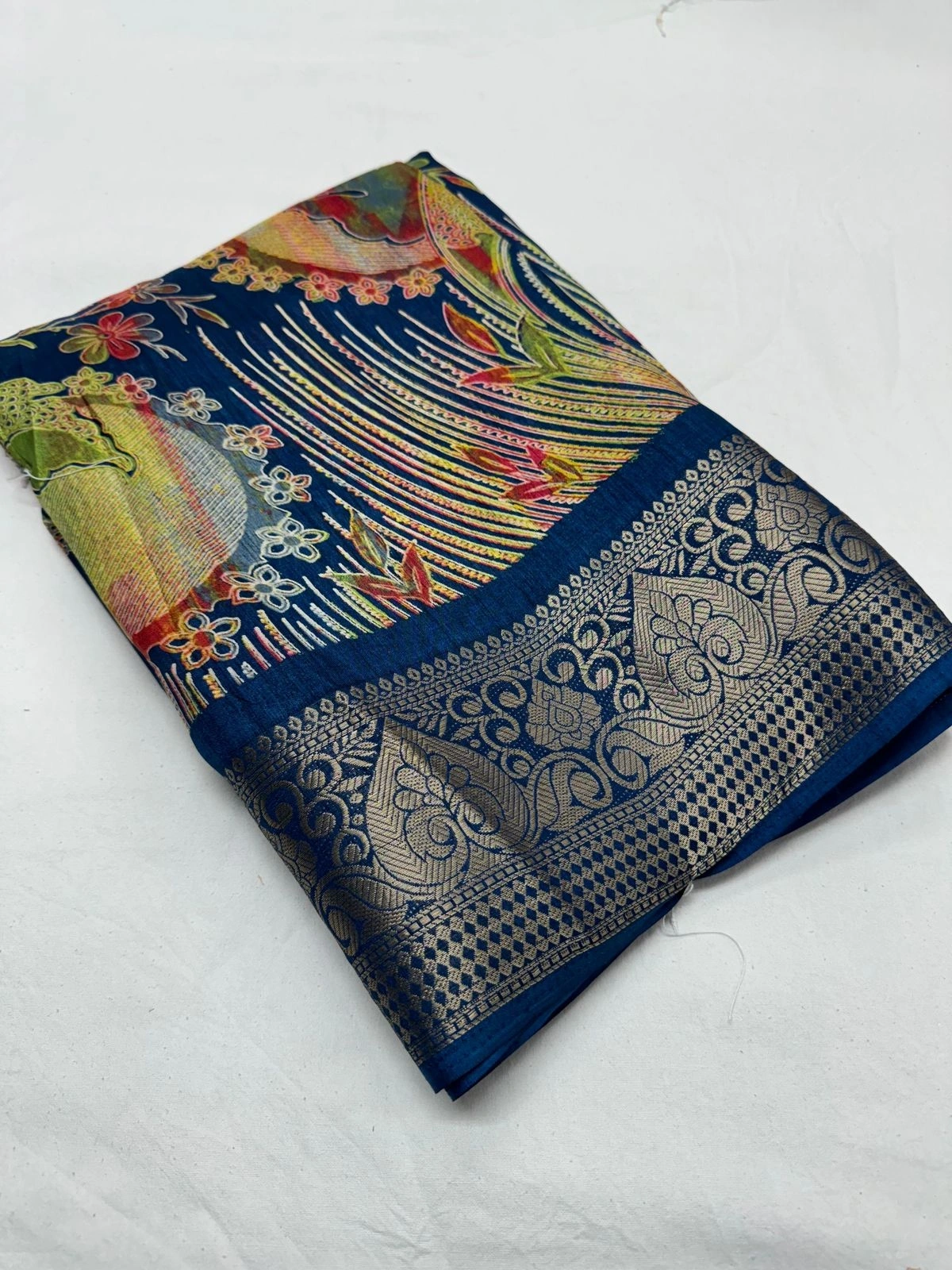 Gorgeous Dola Silk Sarees: Floral Design, Contrast Border &amp; Blouse-JHT-02-A-PeacockBlue