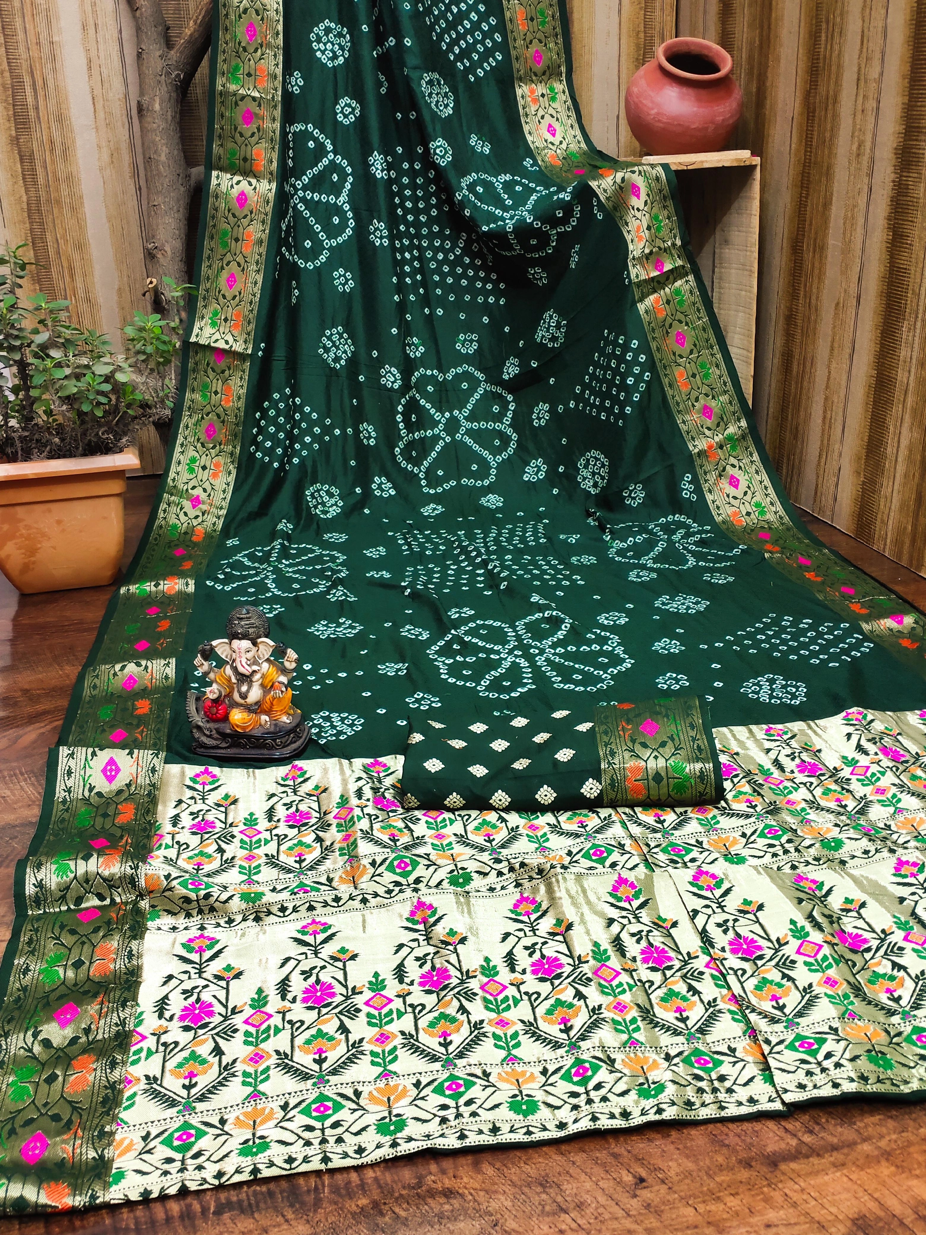 Indian Flag Print Dola Silk Saree with Contrast Border-VAD-02-Green