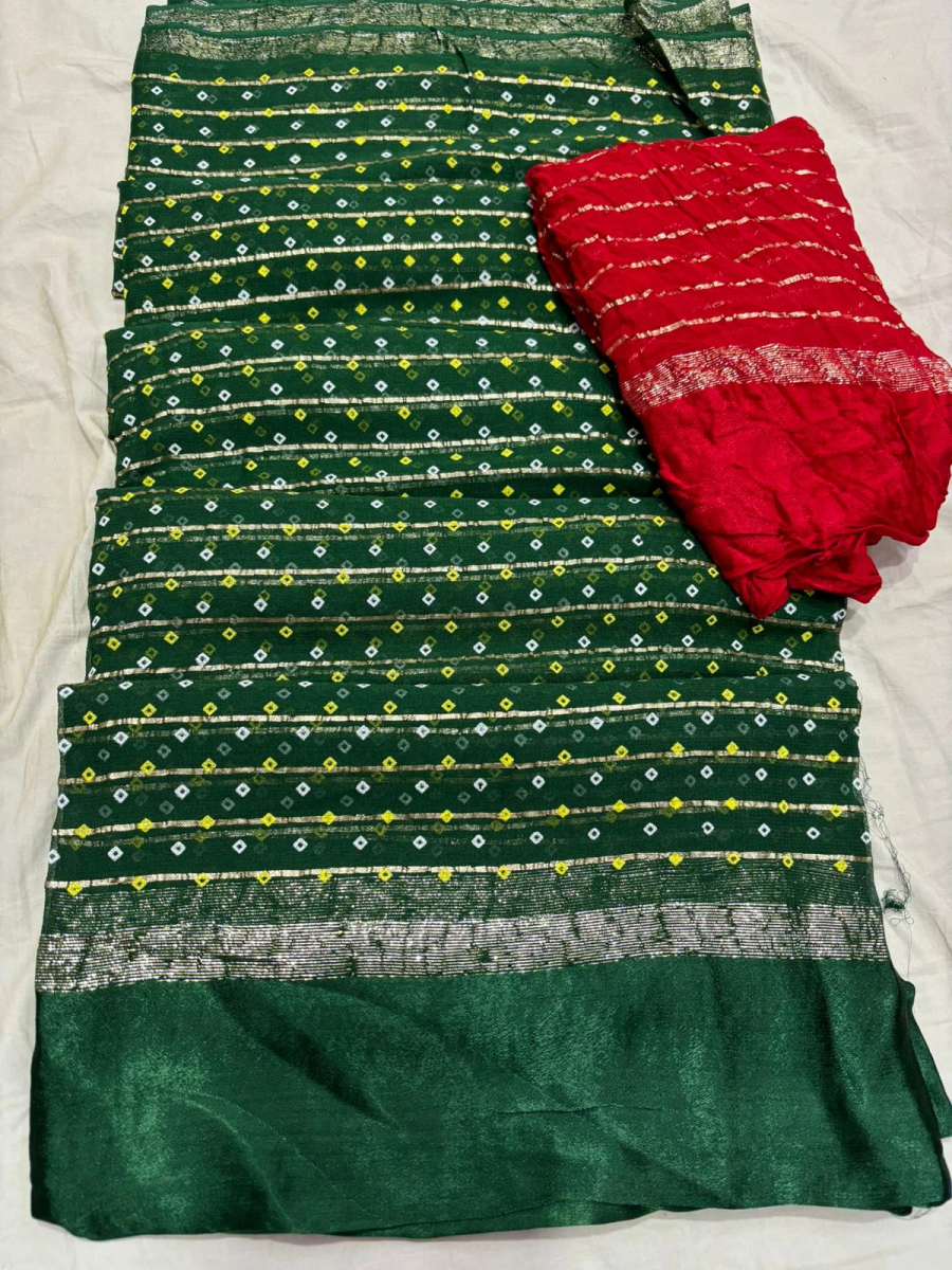 Pure Viscose Georgette Weaving Jacquard Saree: Exquisite Bandhani &amp; Lehariya Print-NSD-04-Green