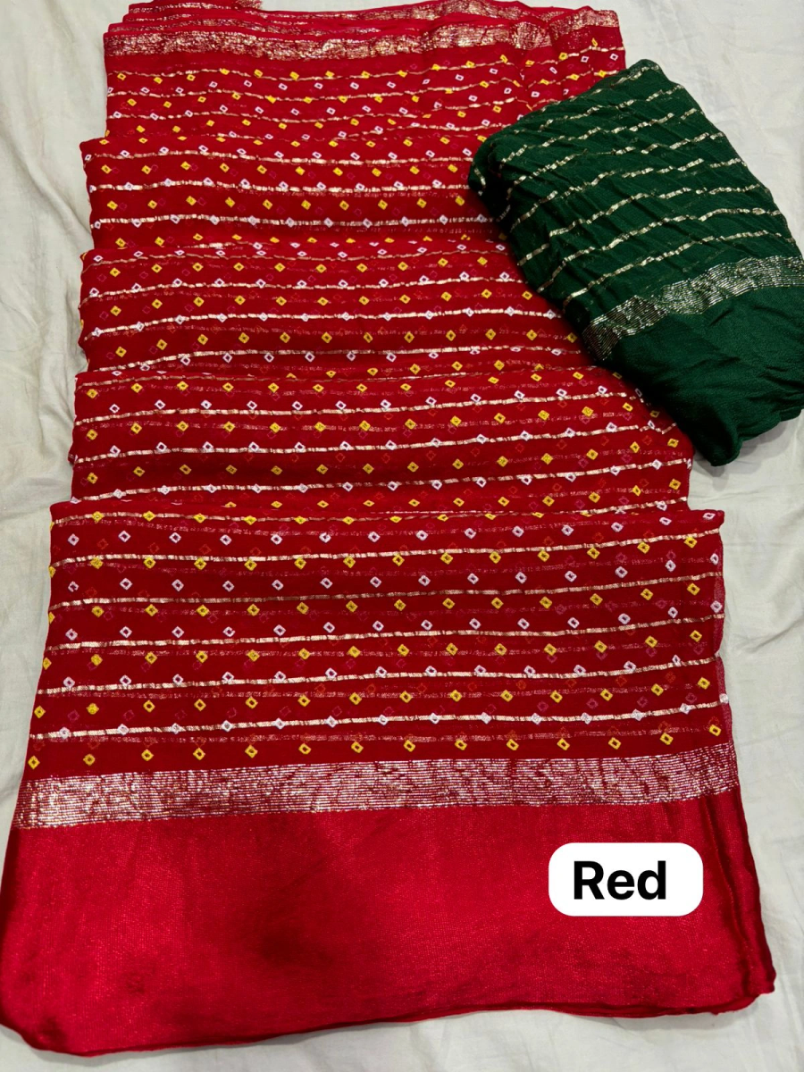 Pure Viscose Georgette Weaving Jacquard Saree: Exquisite Bandhani &amp; Lehariya Print-NSD-04-Red