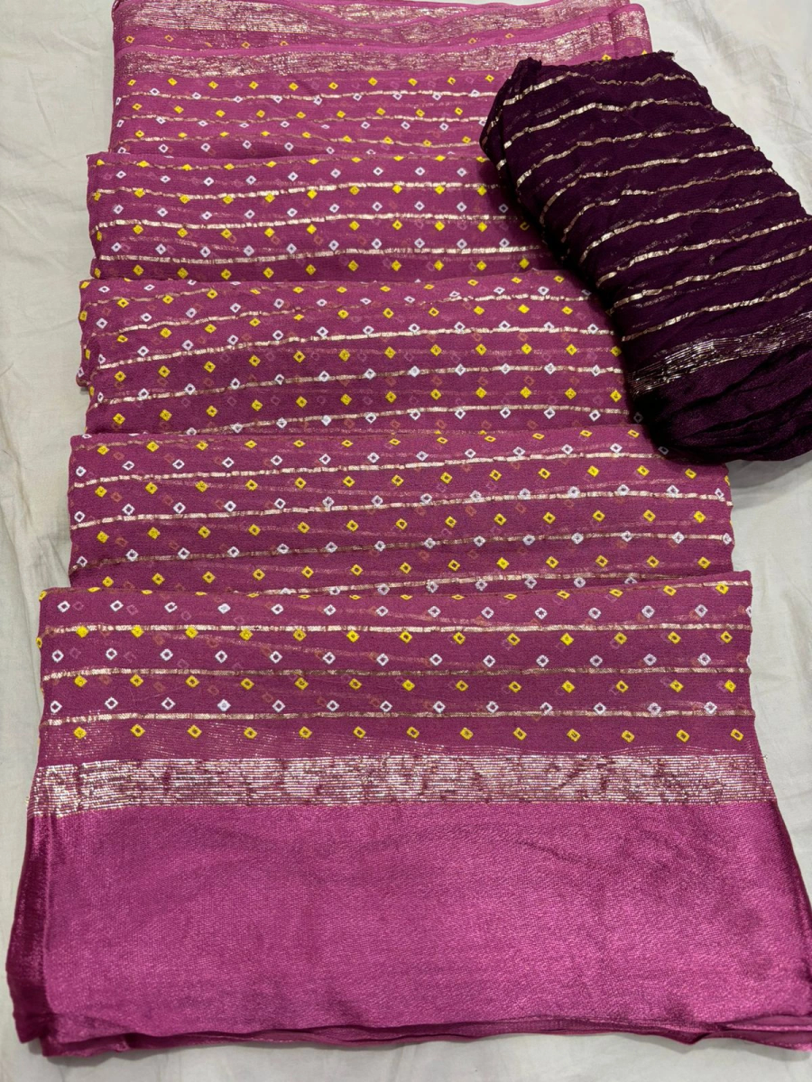 Pure Viscose Georgette Weaving Jacquard Saree: Exquisite Bandhani &amp; Lehariya Print-NSD-04-Pink