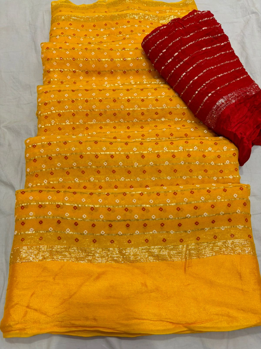 Pure Viscose Georgette Weaving Jacquard Saree: Exquisite Bandhani &amp; Lehariya Print-NSD-04-Yellow