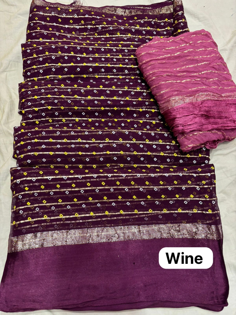 Pure Viscose Georgette Weaving Jacquard Saree: Exquisite Bandhani &amp; Lehariya Print-NSD-04-Wine