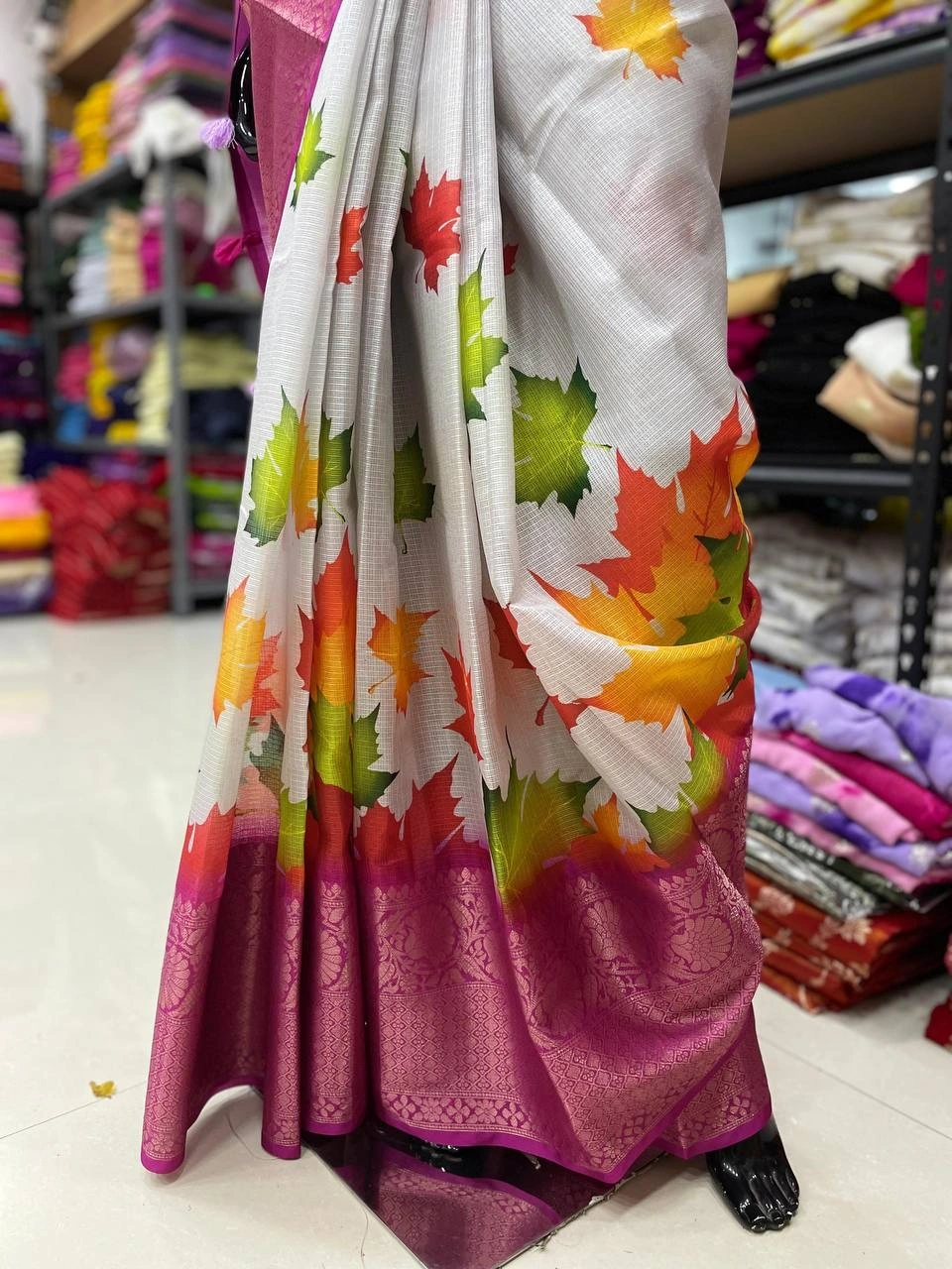 Autumn Leaf Silk Saree with Jacquard Border and Running Blouse-Pink-1