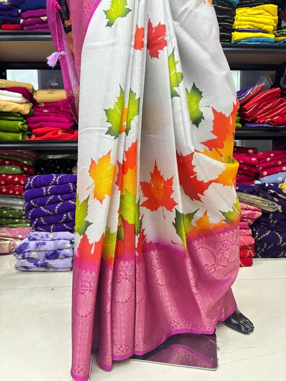 Autumn Leaf Silk Saree with Jacquard Border and Running Blouse-Pink-2