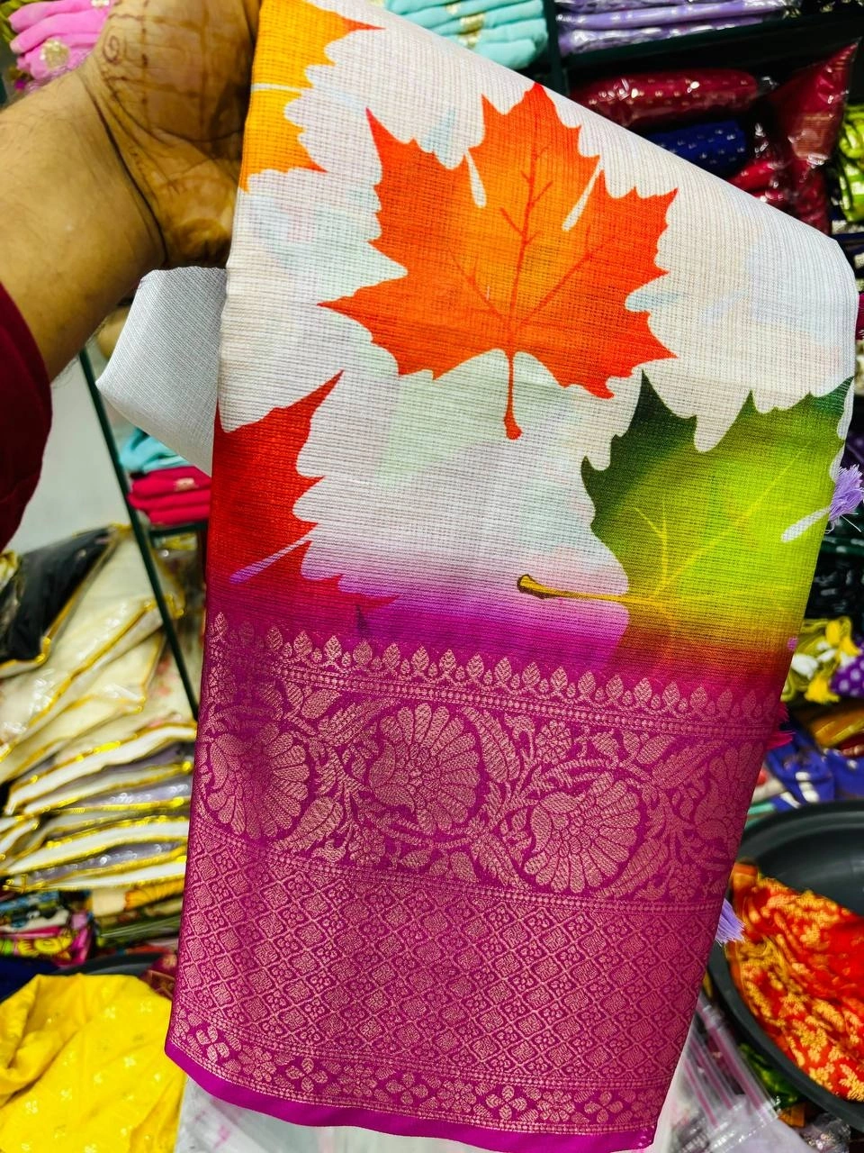 Autumn Leaf Silk Saree with Jacquard Border and Running Blouse-Pink-3