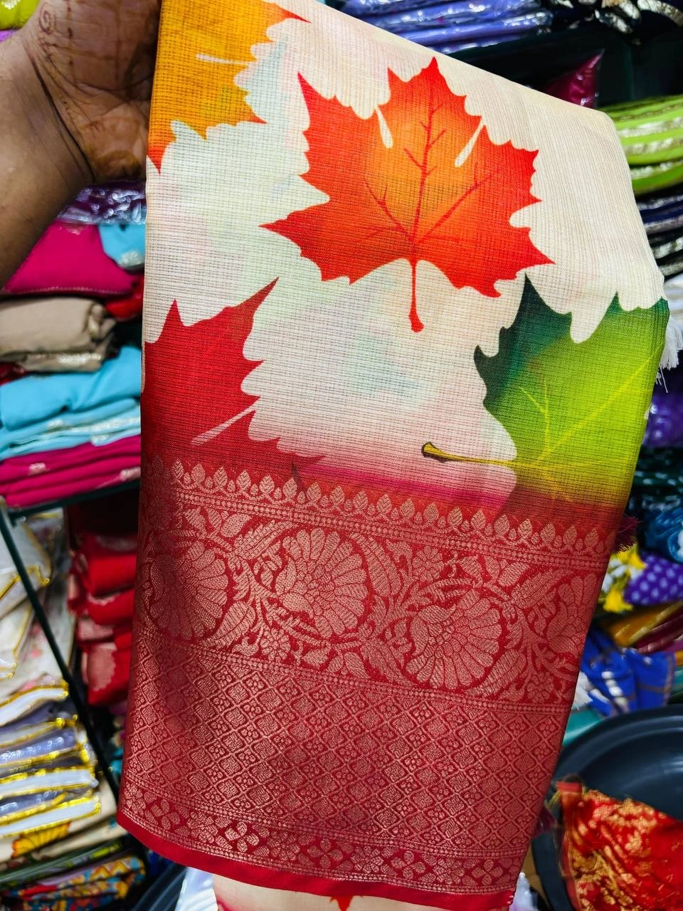 Autumn Leaf Silk Saree with Jacquard Border and Running Blouse-RIE-03-Red