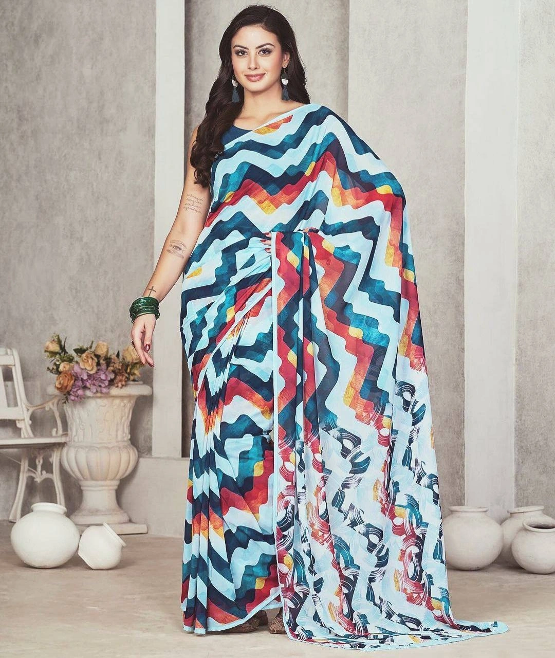 Georgette Silk Saree: Effortlessly Elegant in Blue and Red-Peacock Blue-2