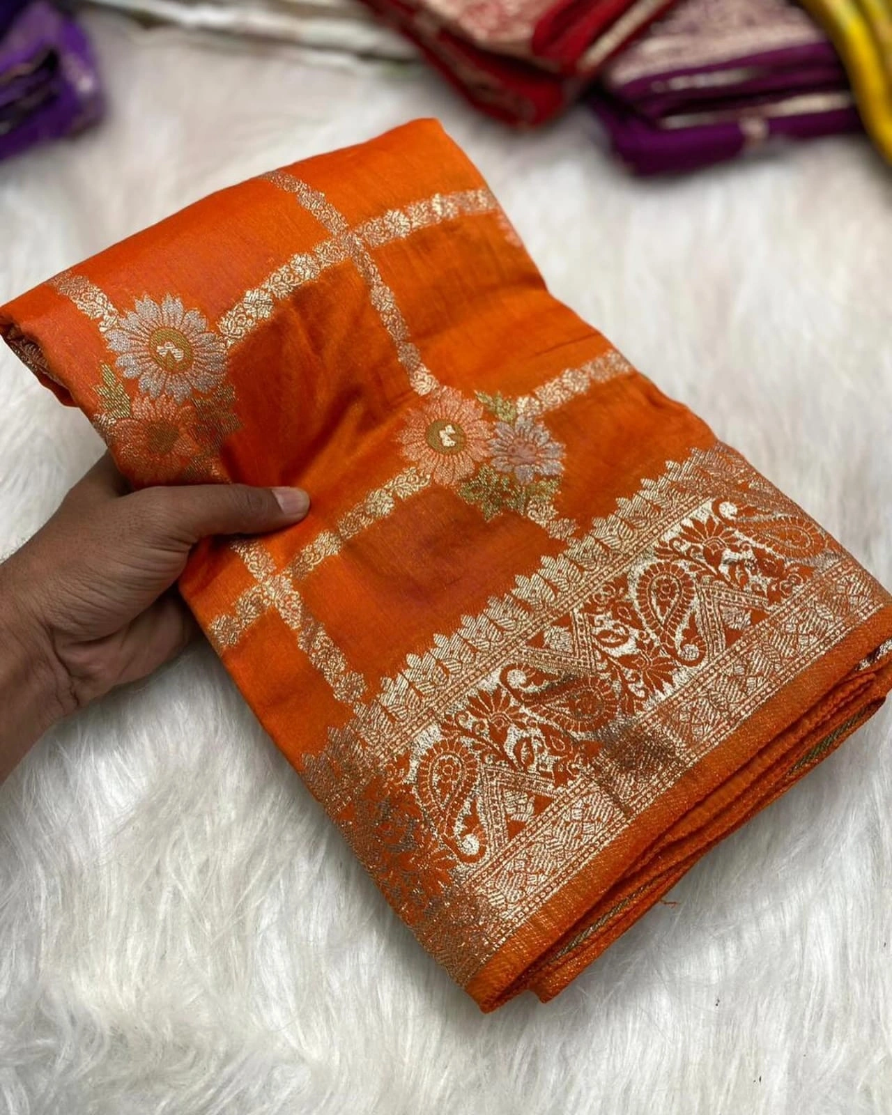 Exquisite Russian Silk Saree: Zari &amp; Meenakari Weaving, Stunning Border-ANT-11-Orange