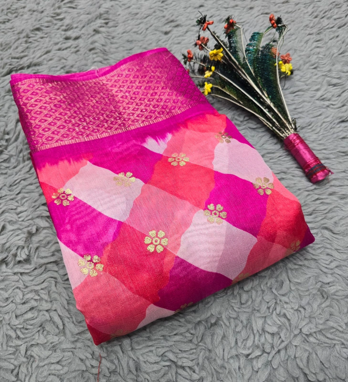 Cotton Silk Lhariya Saree: Elegant, Foil Print, Best Fabric Guarantee-RJK-12-Pink