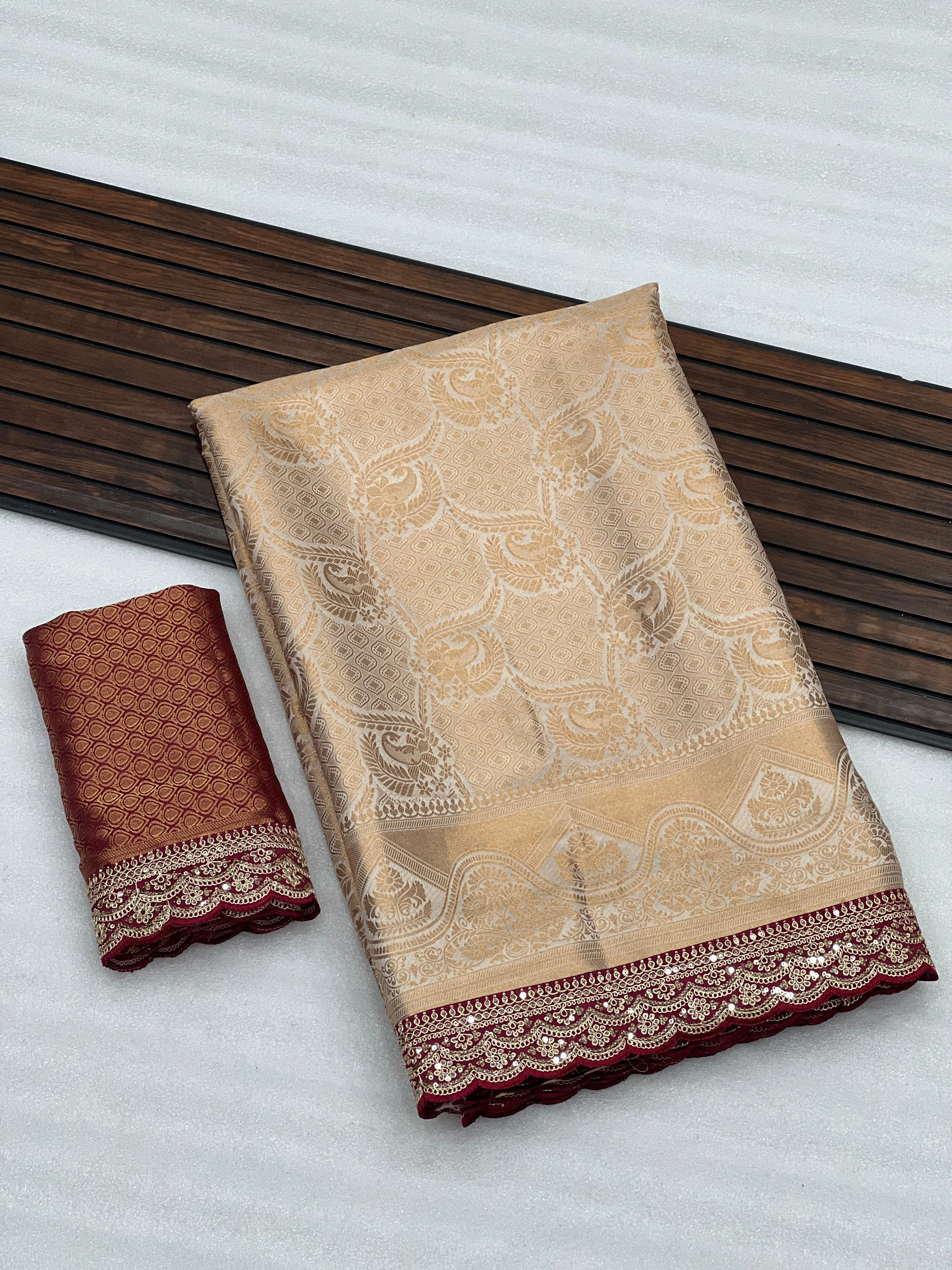 Pure Softy Silk Saree: Exquisite Embroidery and Zari Weaving-RNNC-06-Beige