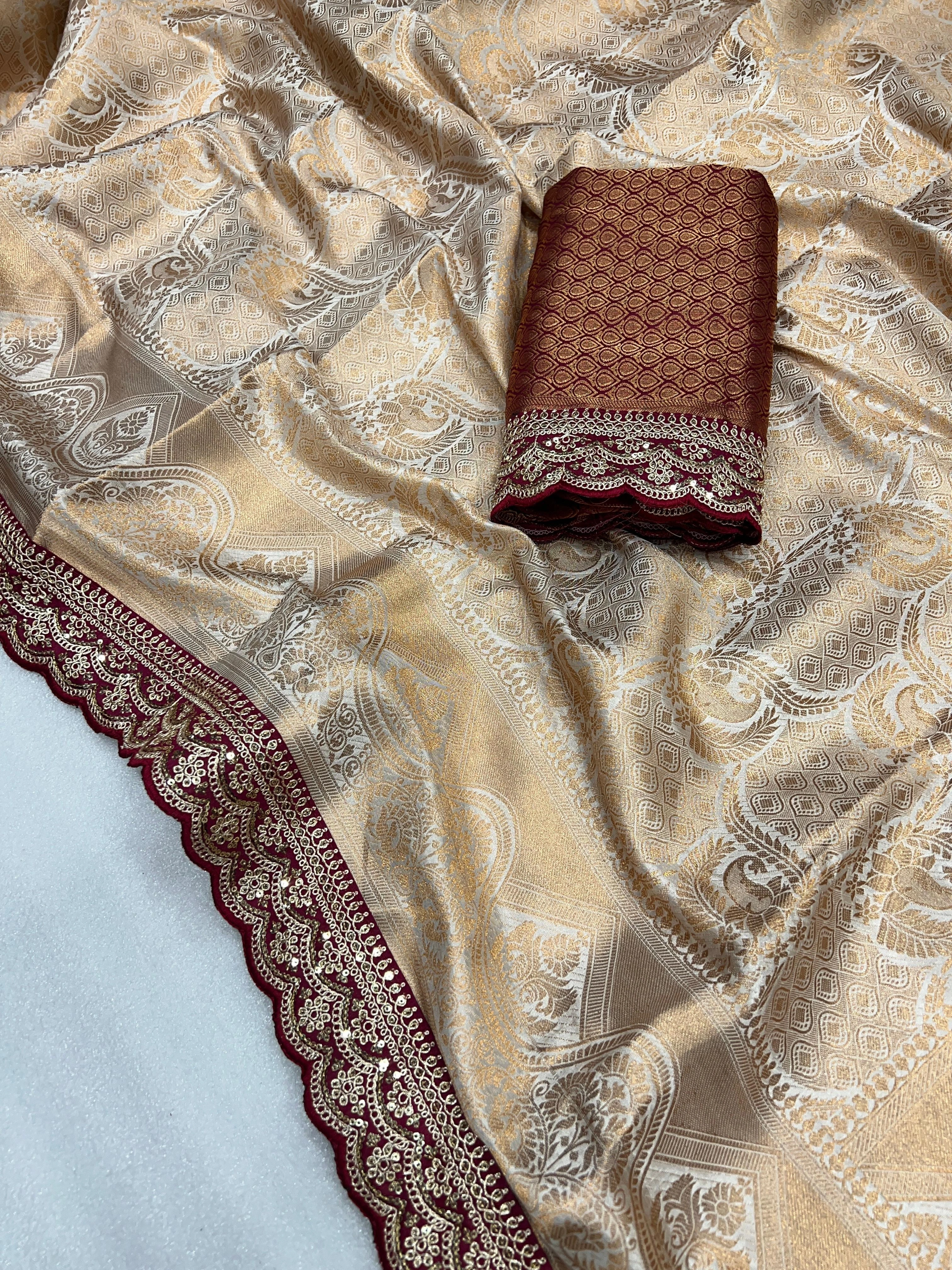 Pure Softy Silk Saree: Exquisite Embroidery and Zari Weaving-Beige-1