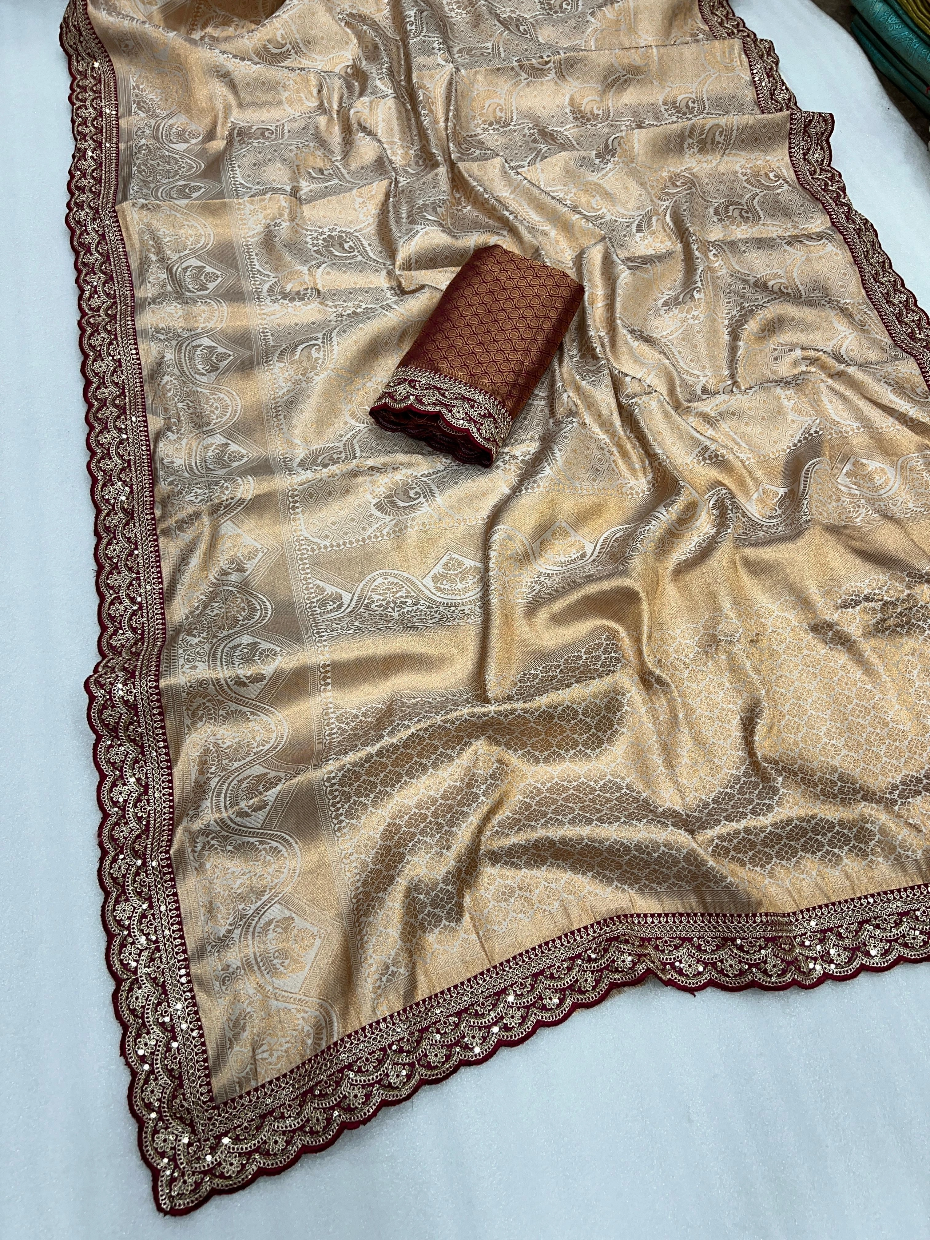 Pure Softy Silk Saree: Exquisite Embroidery and Zari Weaving-Beige-2