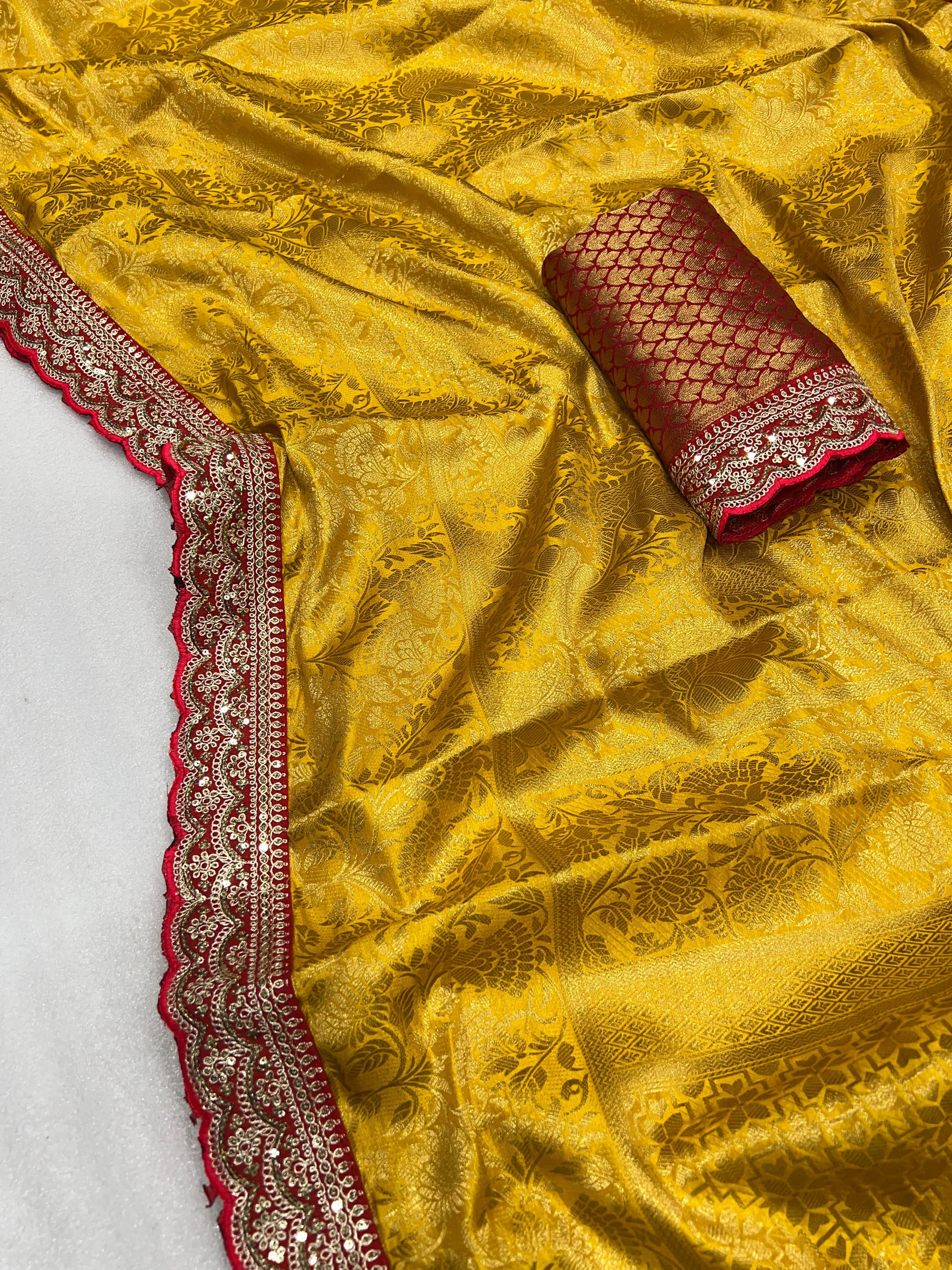 Pure Softy Silk Saree: Exquisite Embroidery and Zari Weaving-Golden-1