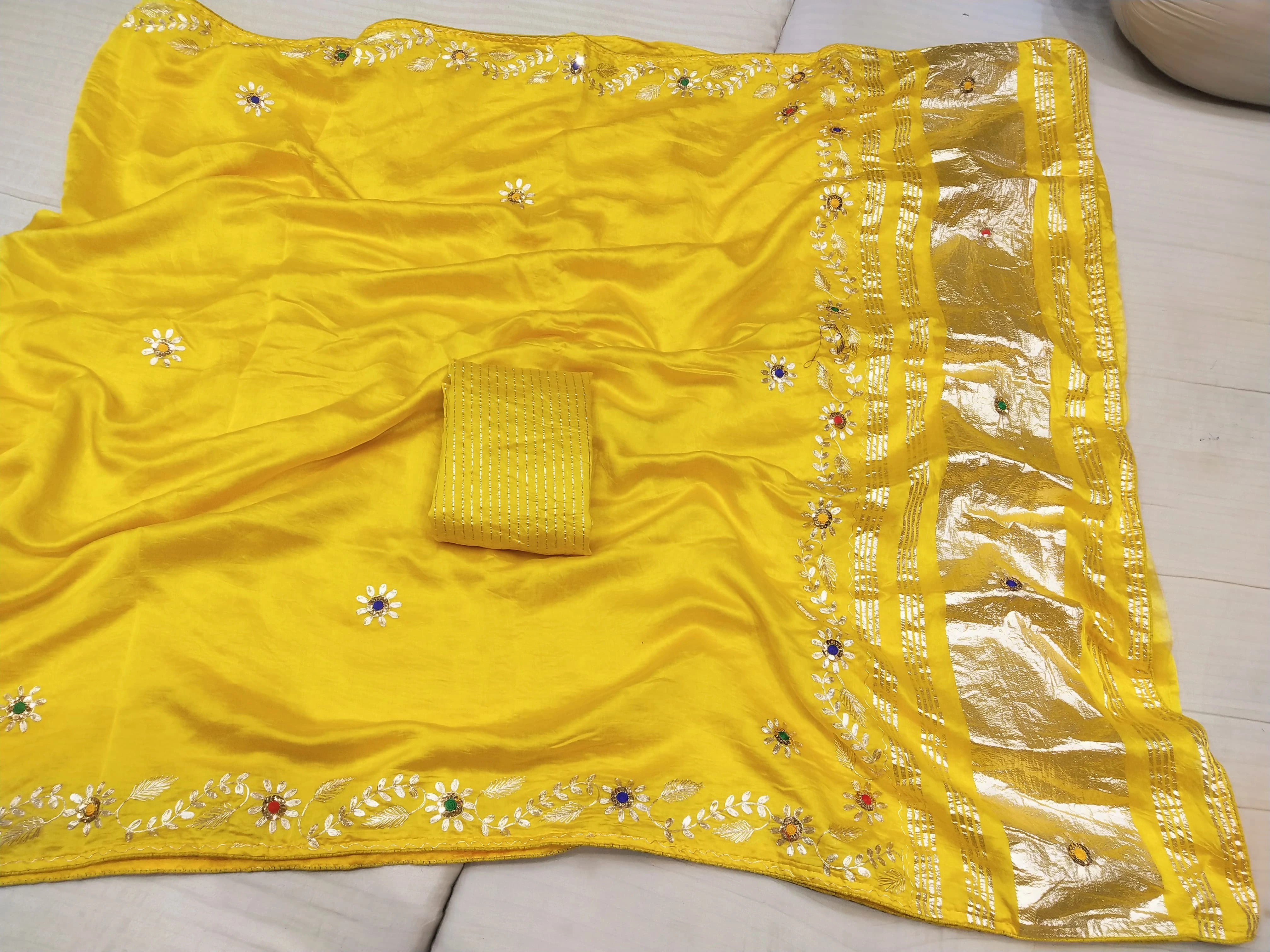 High-Quality Pure Rasiyan Silk Saree with Soft Jari and Matching Blouse-Yellow-1