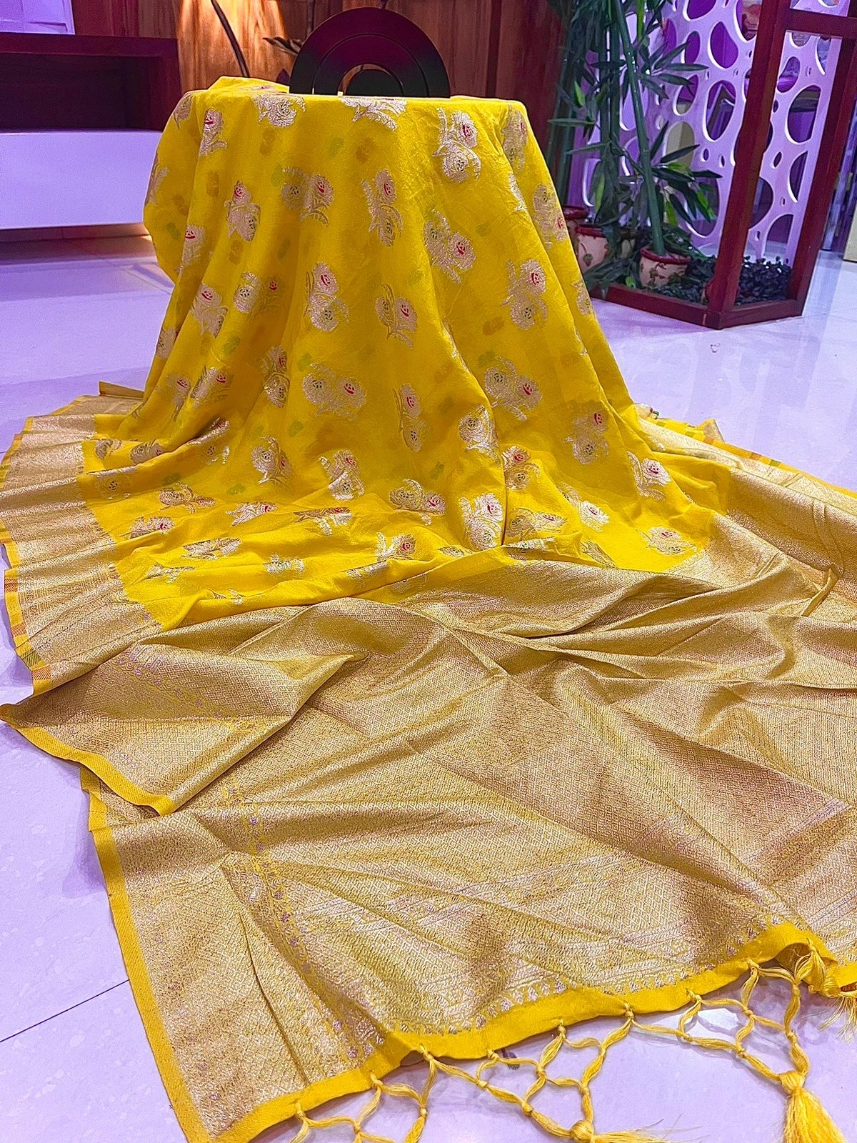 Antique Zari Khadi Silk Saree with Meenakari &amp; Tassels-Yellow-1