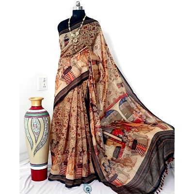 YNF Fancy Tasseled Linen Saree with Kalamkari Print