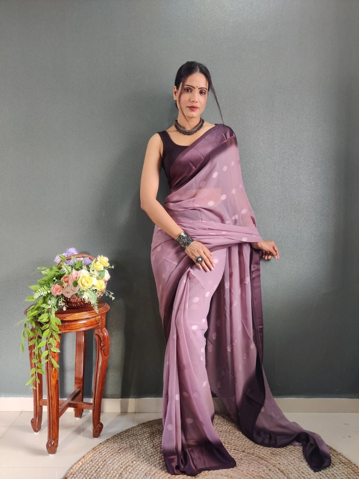 1 Min Ready to Wear Soft Georgette Saree with Satin Butti Blouse-RDM-11-Lavender