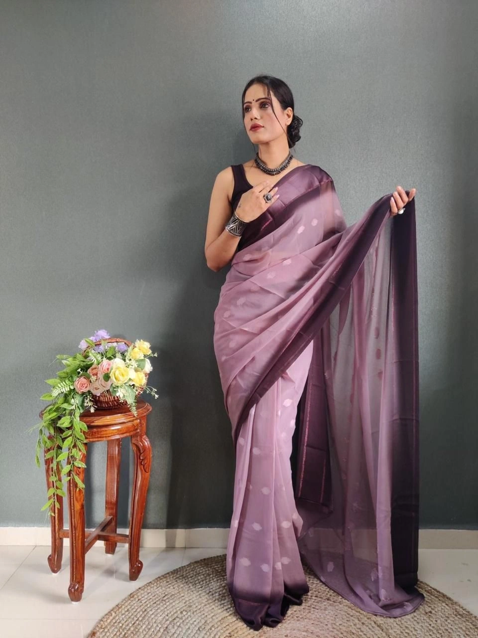 1 Min Ready to Wear Soft Georgette Saree with Satin Butti Blouse-Lavender-1