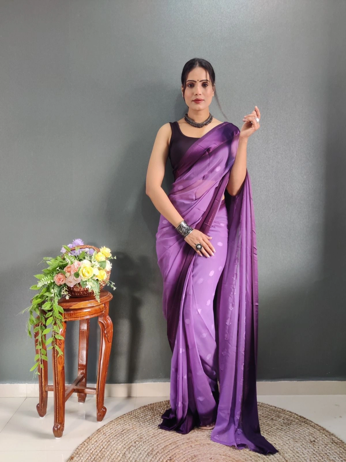 1 Min Ready to Wear Soft Georgette Saree with Satin Butti Blouse-RDM-11-Purple