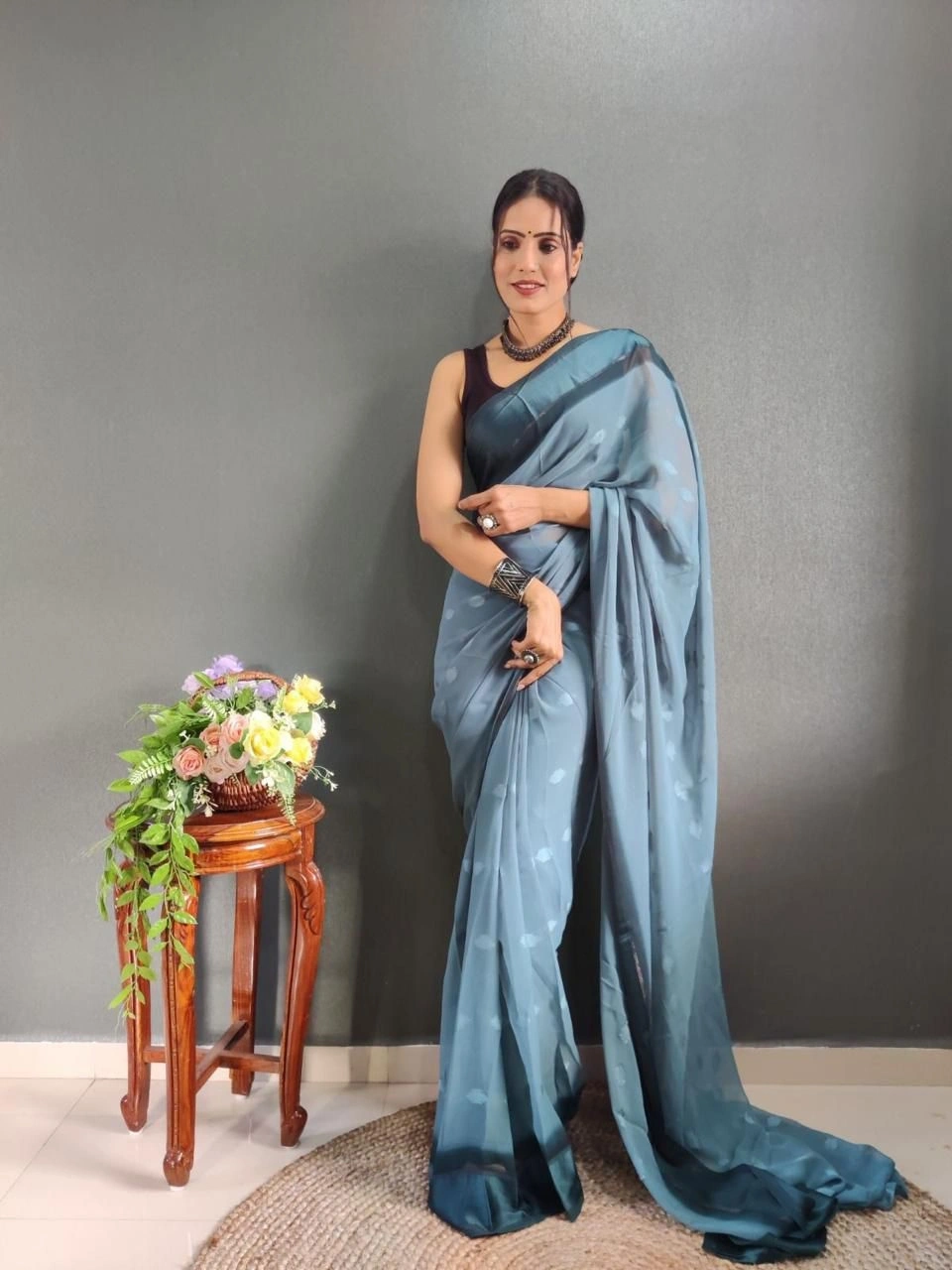 1 Min Ready to Wear Soft Georgette Saree with Satin Butti Blouse-RDM-11-Rama