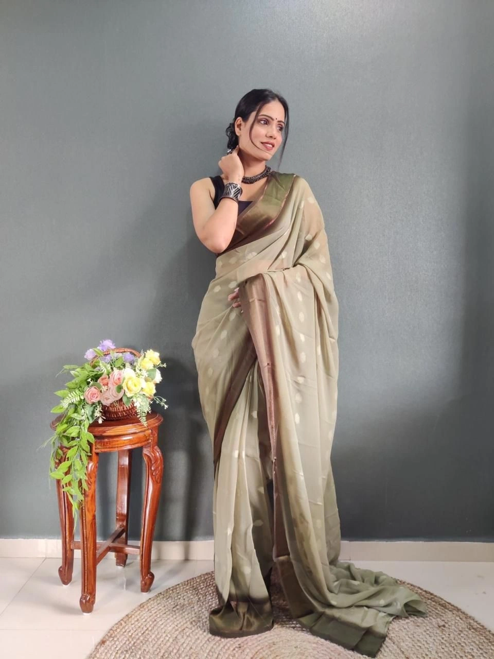 1 Min Ready to Wear Soft Georgette Saree with Satin Butti Blouse-Cream-1