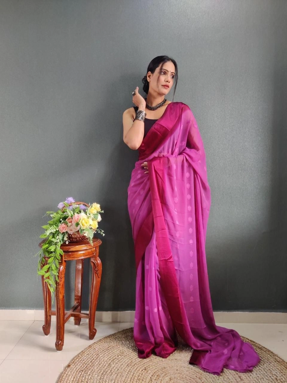 1 Min Ready to Wear Soft Georgette Saree with Satin Butti Blouse-Pink-1