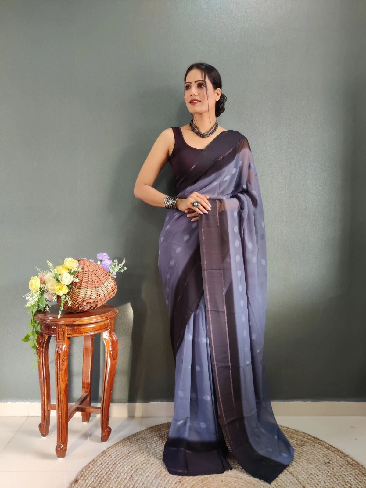 1 Min Ready to Wear Soft Georgette Saree with Satin Butti Blouse-RDM-11-Grey