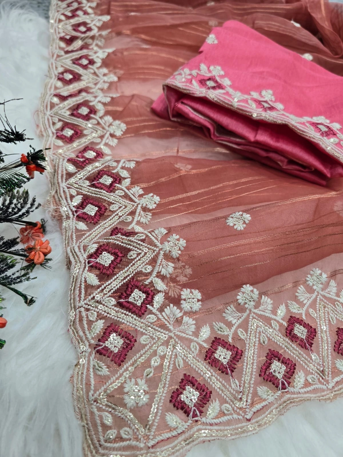 Chinon Fabric Saree: Stunning Lehriya Print with Sequence &amp; Cut Work-Peach-3