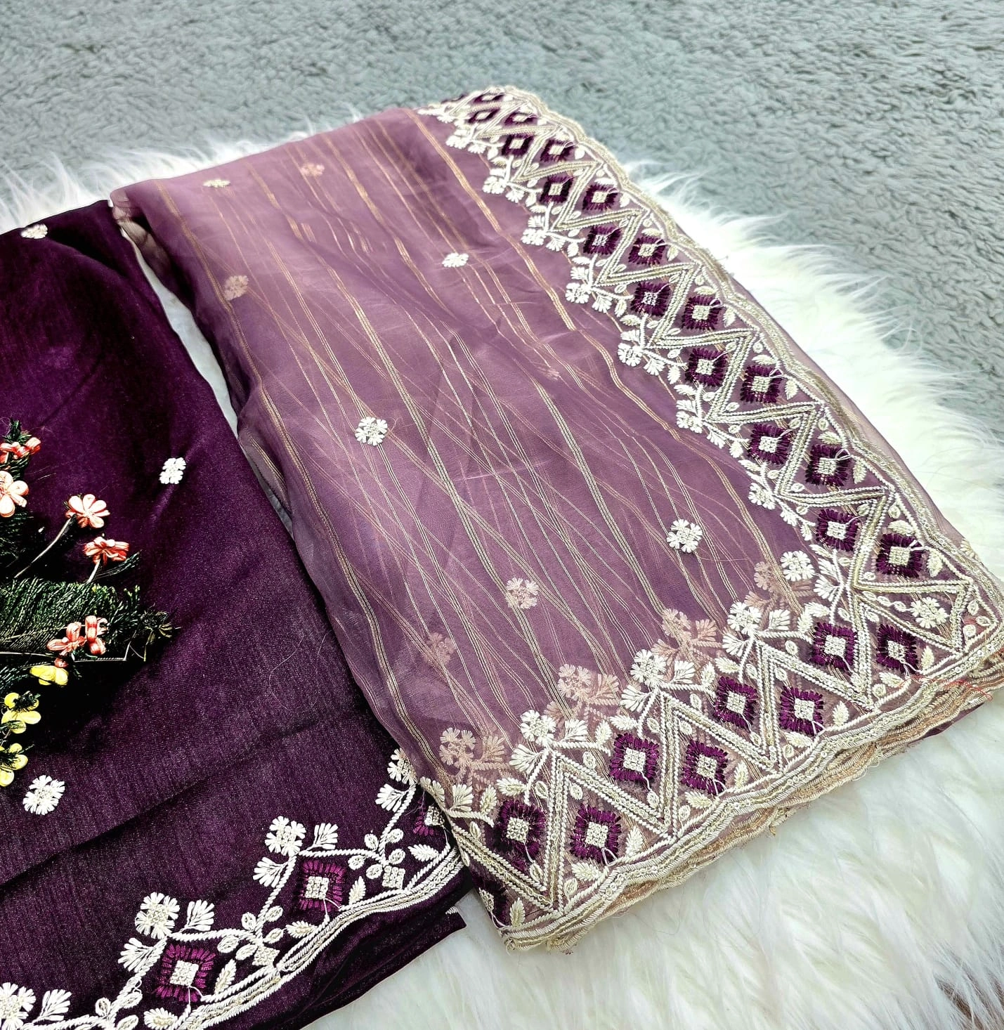 Chinon Fabric Saree: Stunning Lehriya Print with Sequence &amp; Cut Work-RJK-15-Lavender