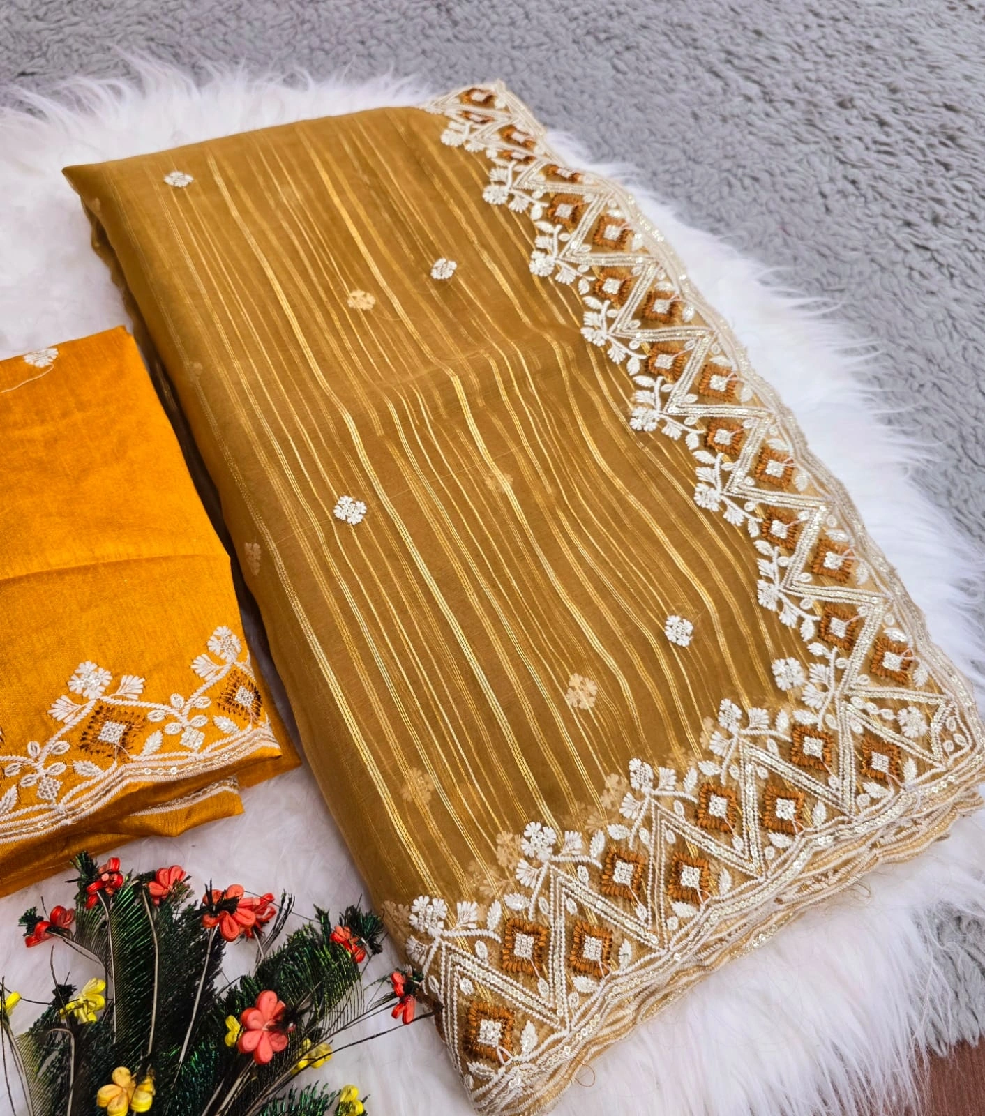 Chinon Fabric Saree: Stunning Lehriya Print with Sequence &amp; Cut Work-RJK-15-Yellow