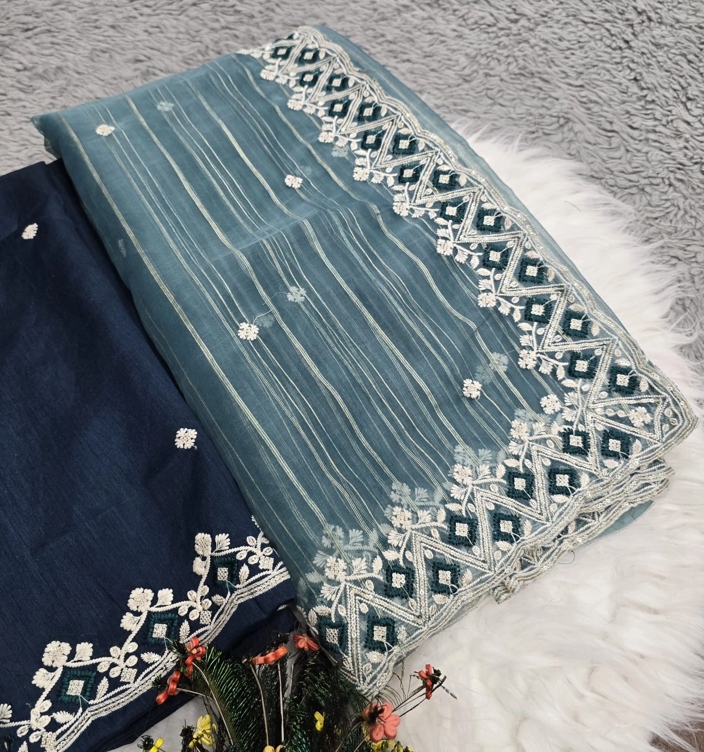 Chinon Fabric Saree: Stunning Lehriya Print with Sequence &amp; Cut Work-RJK-15-SkyBlue