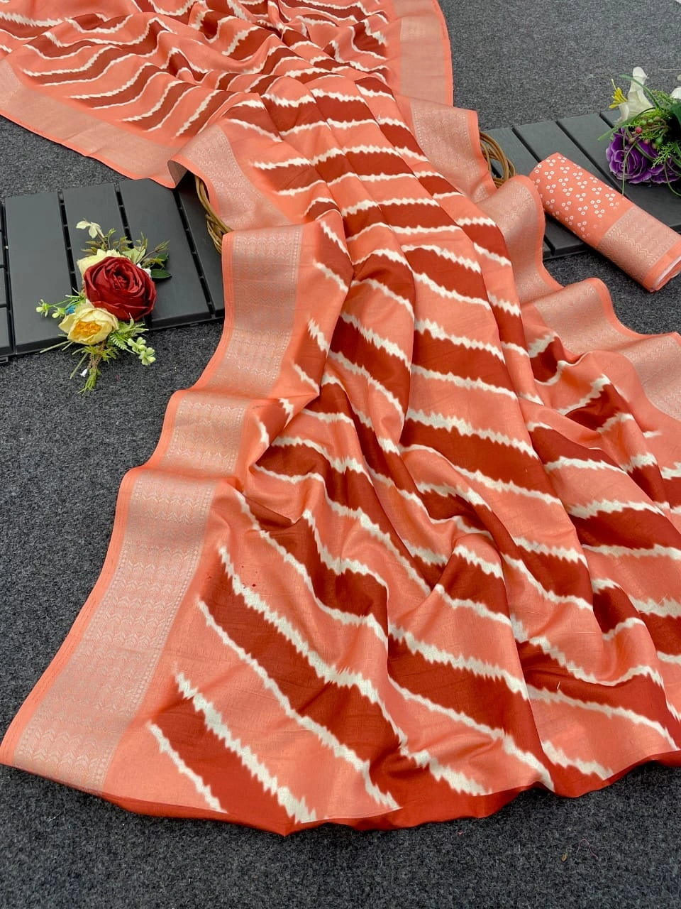 Beautiful Handloom Silk Panchrangi Saree with Jari Border-Orange-1