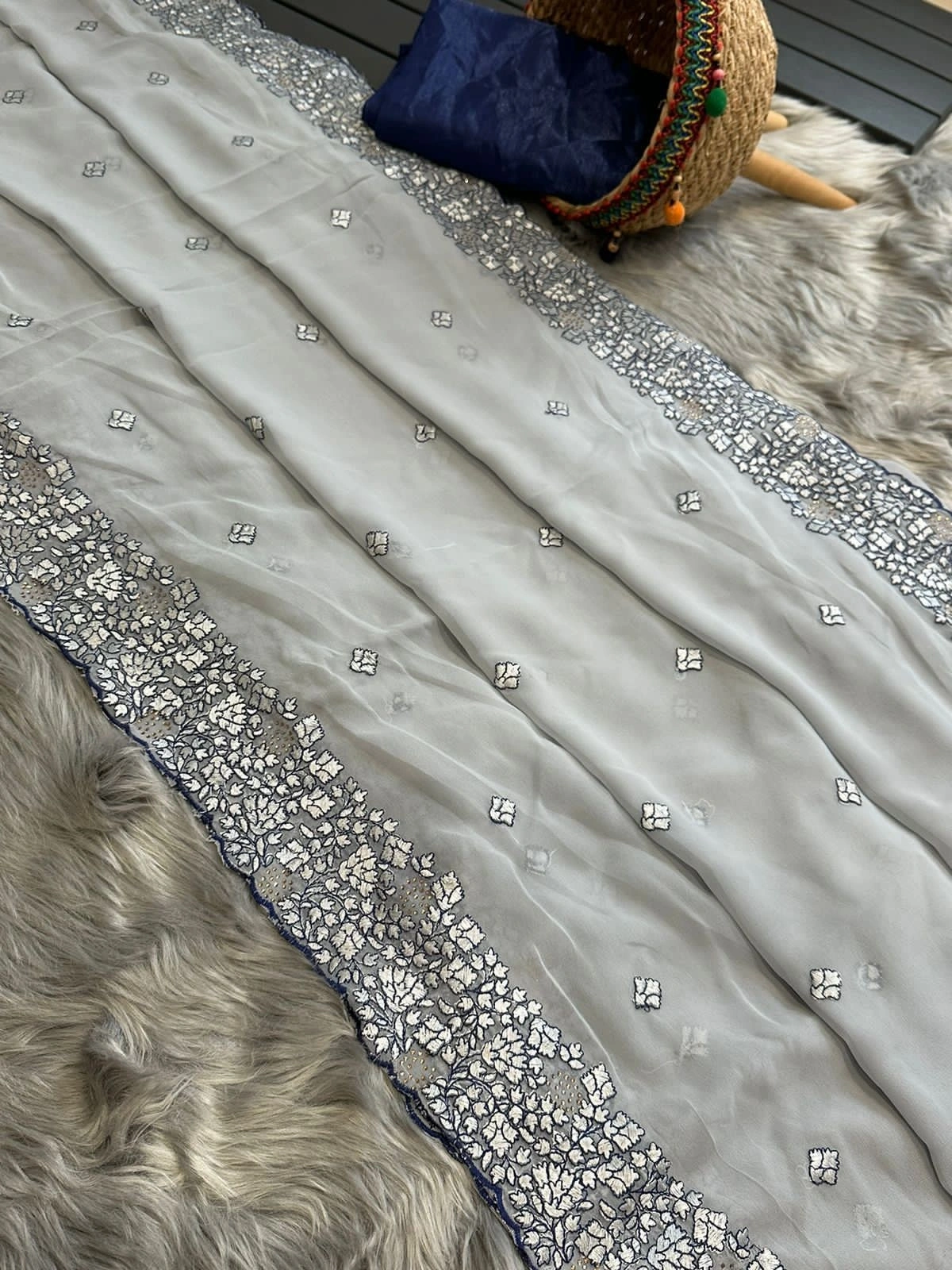 Georgett Silk Saree: Elegant Solid Color with Multicoloured Thread &amp; Hotflix Diamond Work-MPL-07-Grey