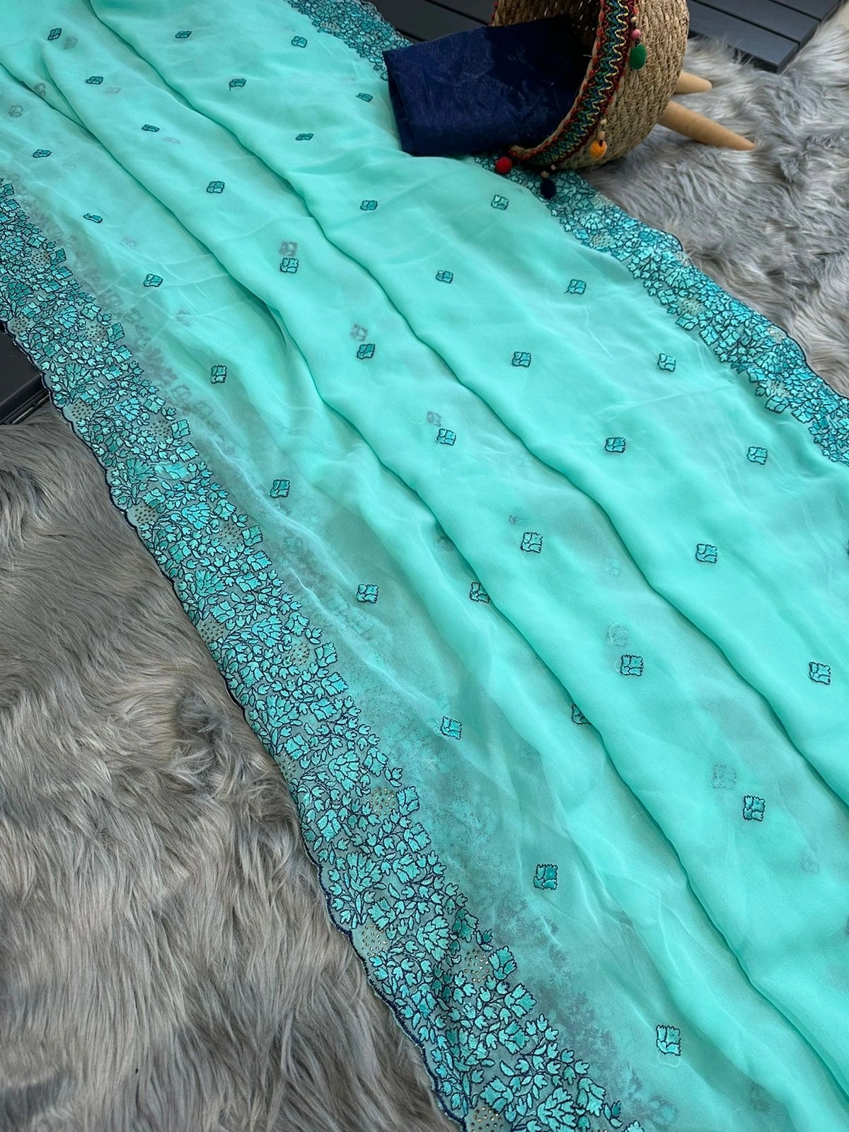 Georgett Silk Saree: Elegant Solid Color with Multicoloured Thread &amp; Hotflix Diamond Work-Sky Blue-1