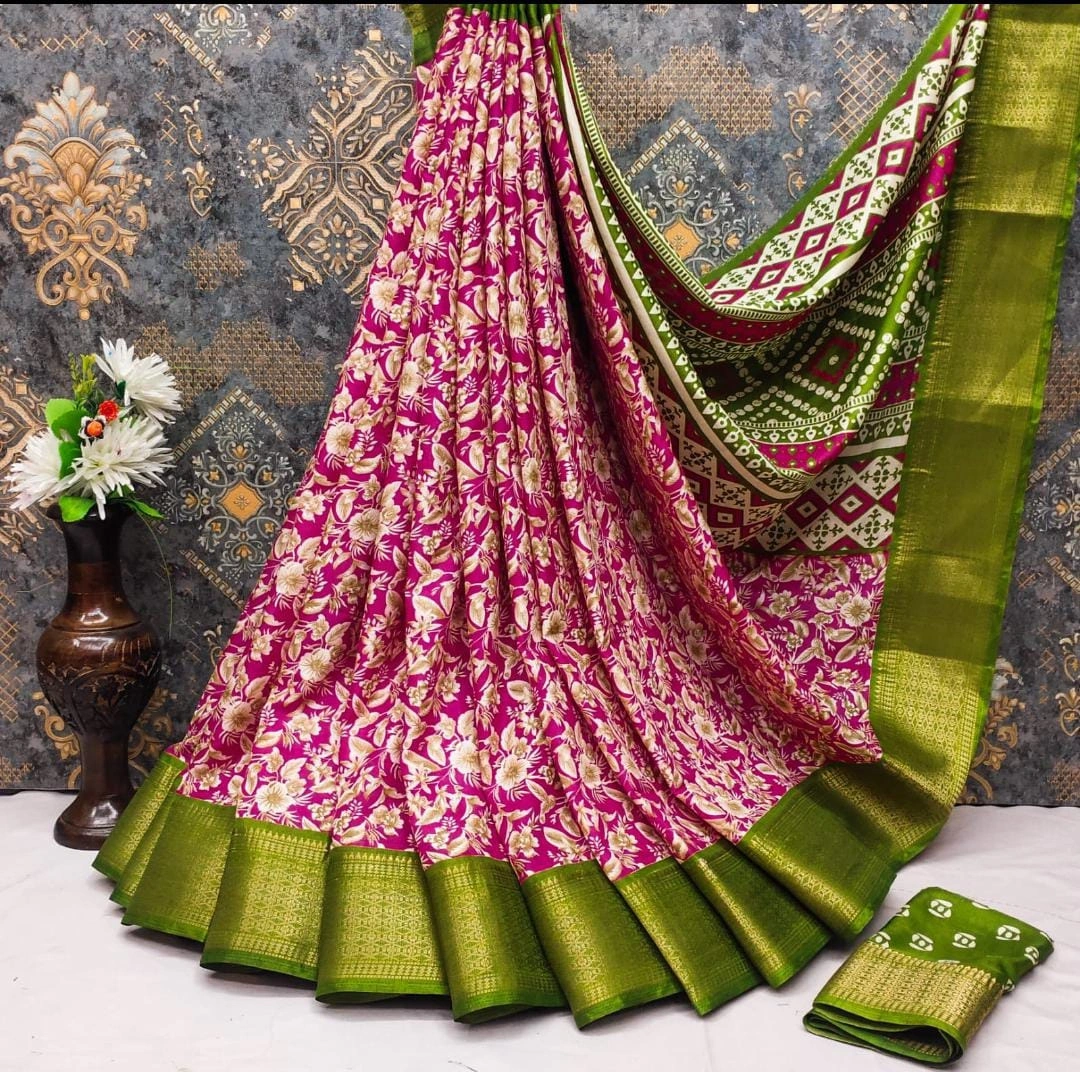 DOLA Dark Flower Print Silk Saree with Contrasting Weaving Borders-MKD-48-Pink