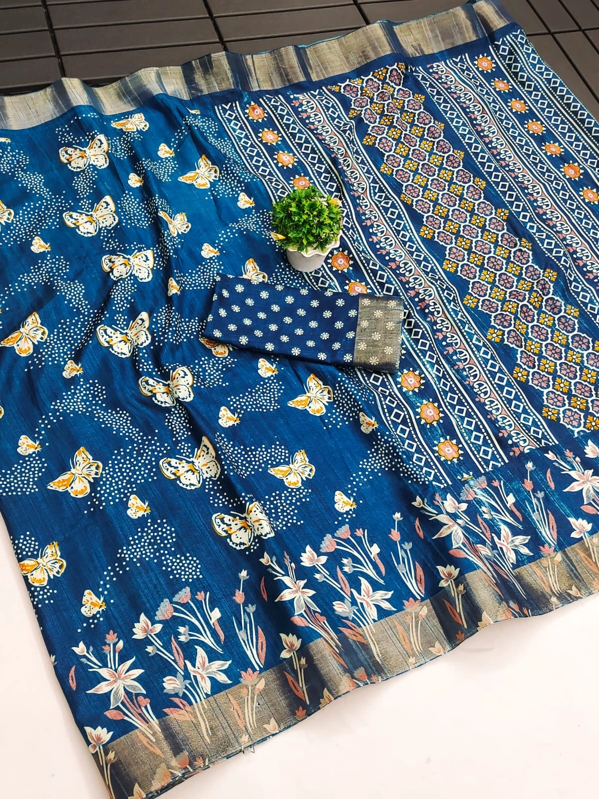 Butterfly Print Tussar Silk Saree with Zari Border &amp; Printed Blouse-Peacock Blue-1